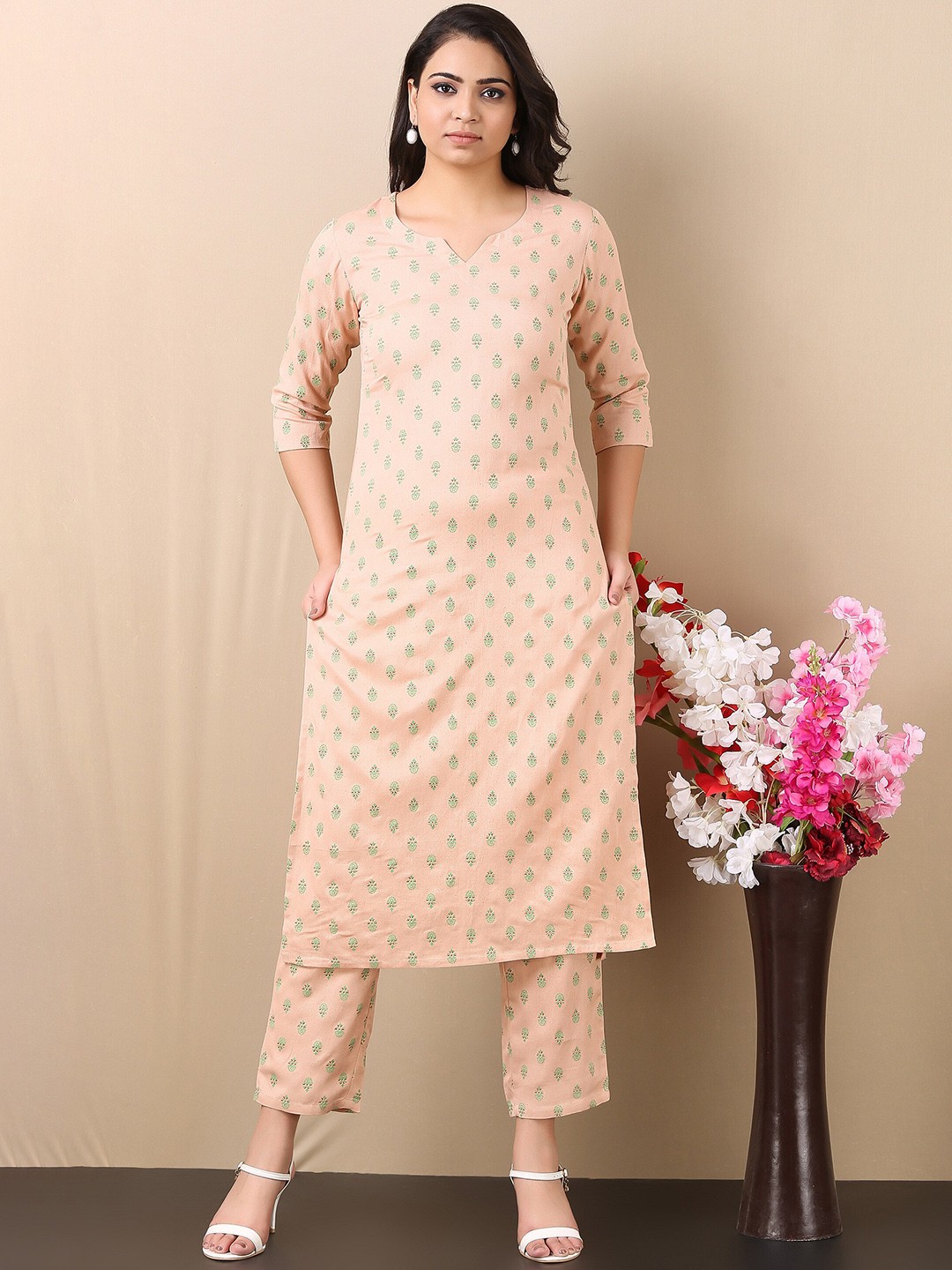 

V TRADITION Ethnic Motifs Printed Kurta with Trousers, Beige