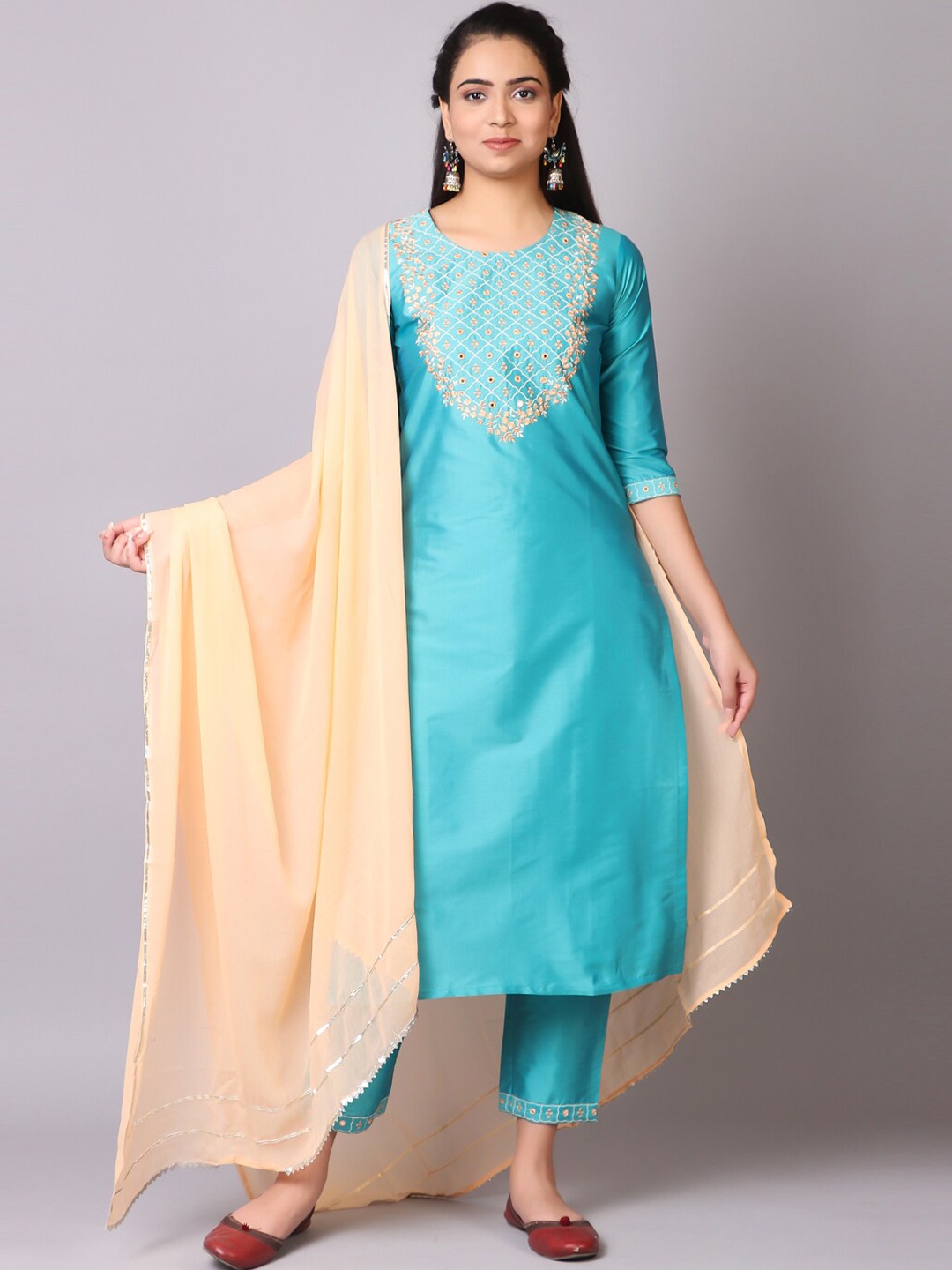 

V TRADITION Ethnic Motifs Yoke Design Thread Work Kurta with Palazzos & Dupatta, Blue