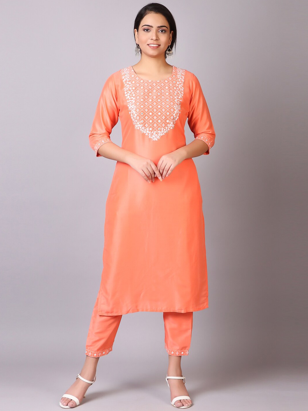 

V TRADITION Ethnic Motifs Yoke Design Thread Work Kurta with Trousers & Dupatta, Orange