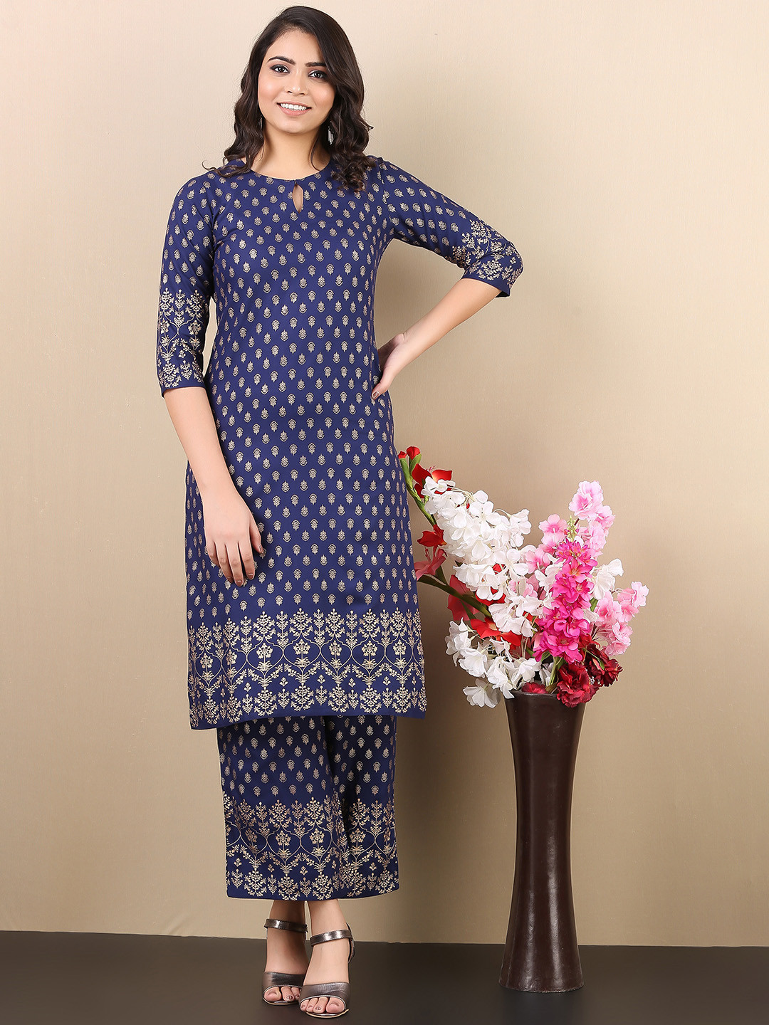 

V TRADITION Ethnic Motifs Printed Kurta with Trousers, Blue