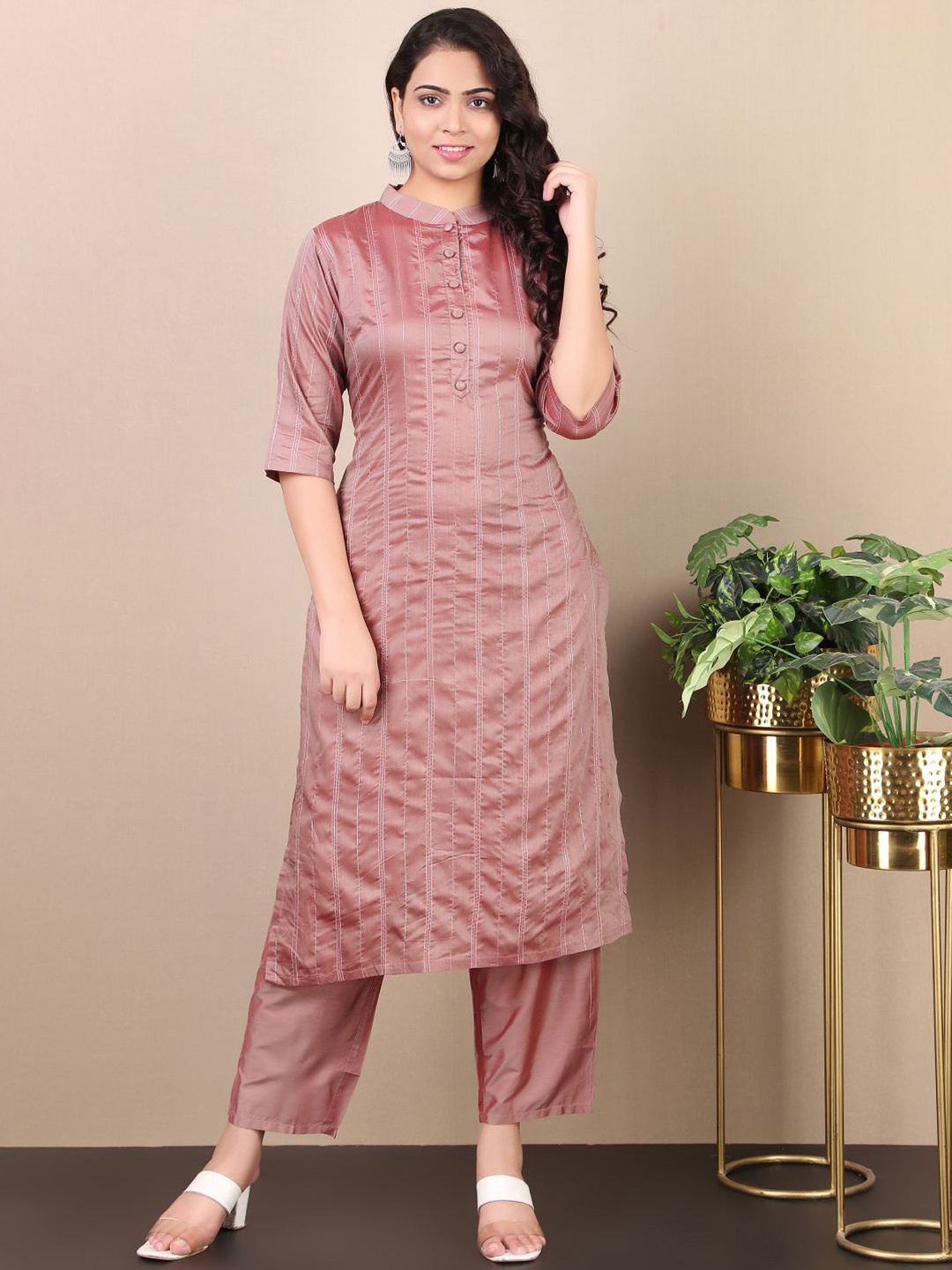 

V TRADITION Striped Chanderi Silk Kurta with Trousers, Brown