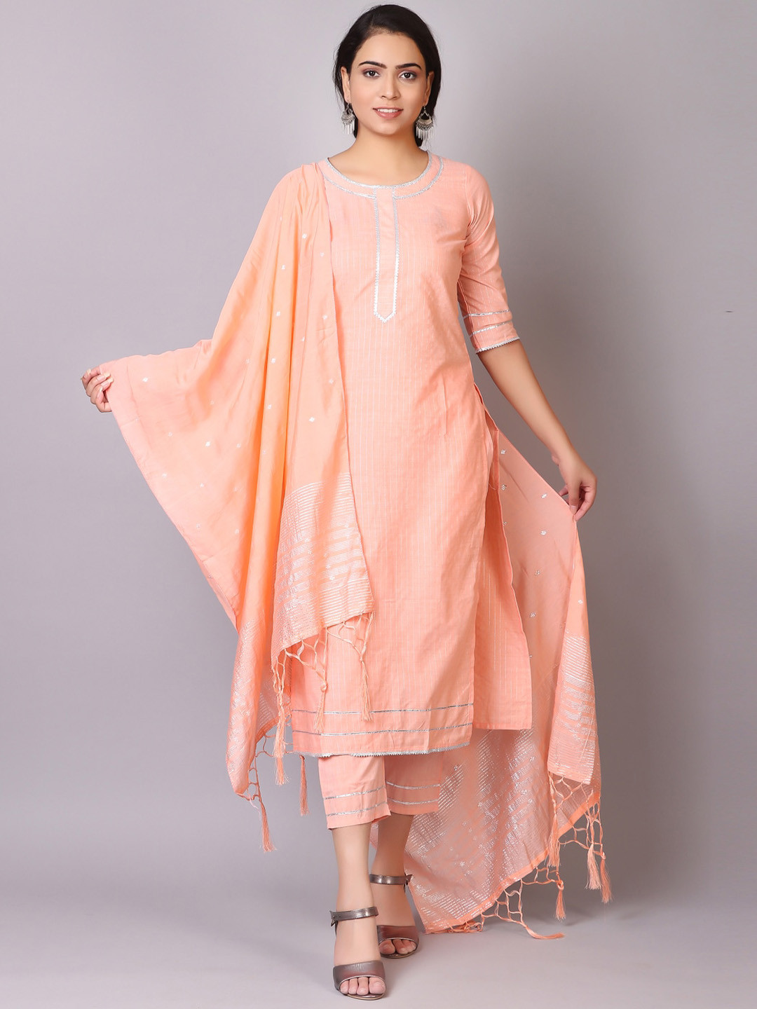 

V TRADITION Yoke Design Kurta with Trousers & Dupatta, Orange