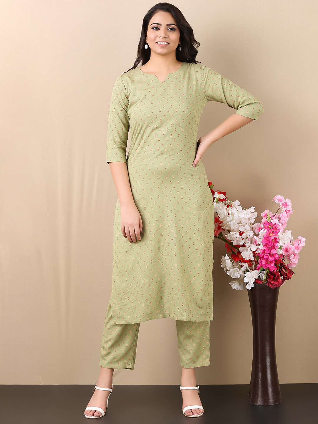 

V TRADITION Ethnic Motifs Printed Kurta with Trousers, Green