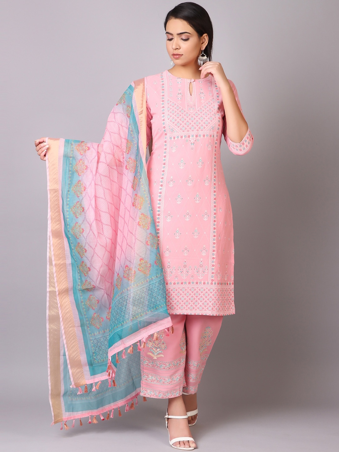 

V TRADITION Floral Printed Keyhole Neck Kurta with Trousers & Dupatta, Pink