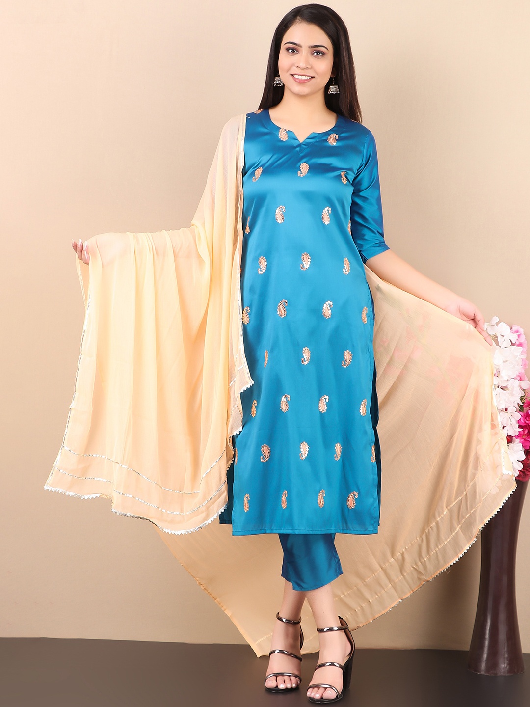 

V TRADITION Ethnic Motifs Embroidered Kurta with Trousers & Dupatta, Blue