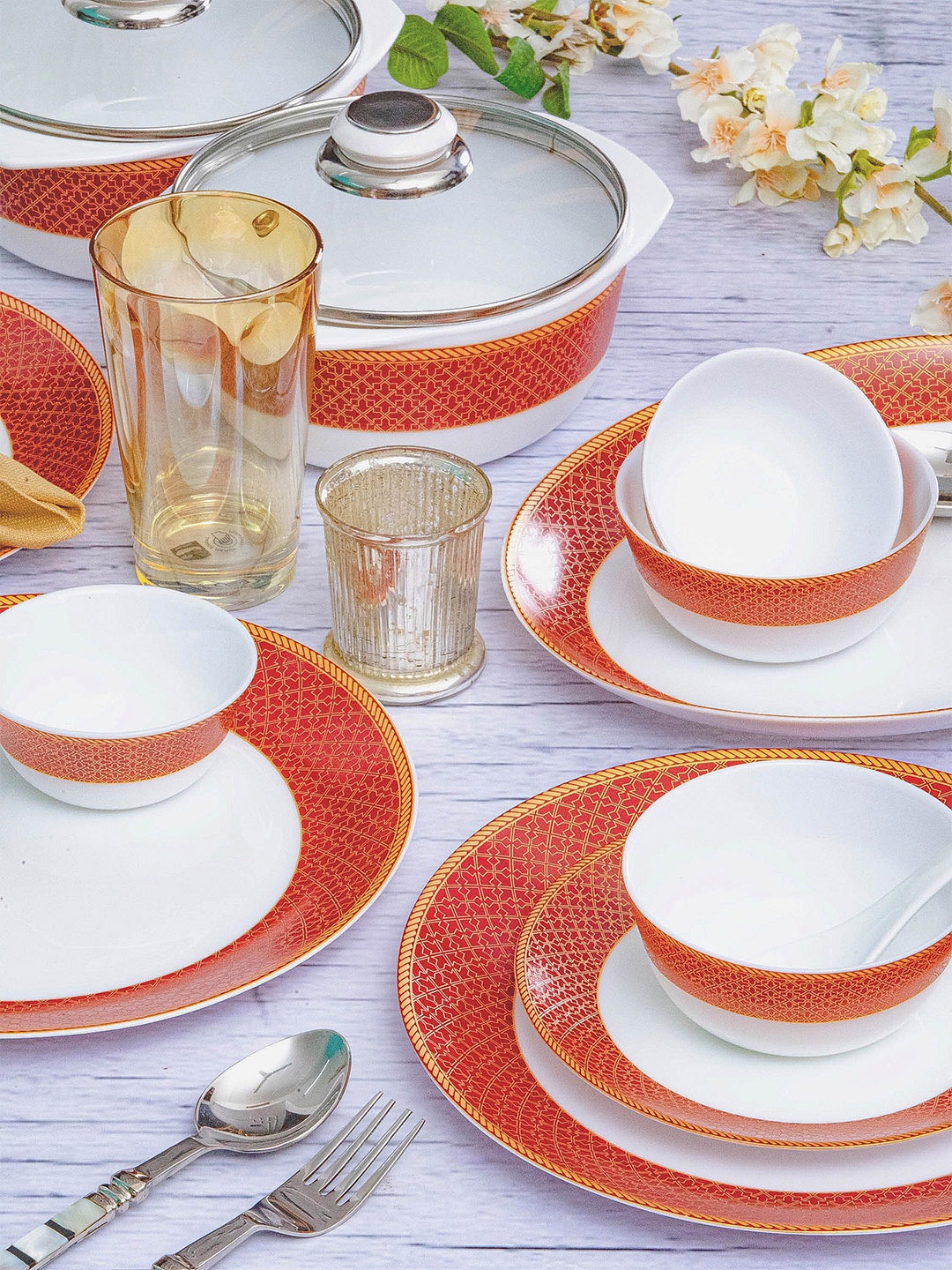 

Cello White & Orange 35 Pieces Ethnic Motifs Printed Opalware Glossy Dinner Set