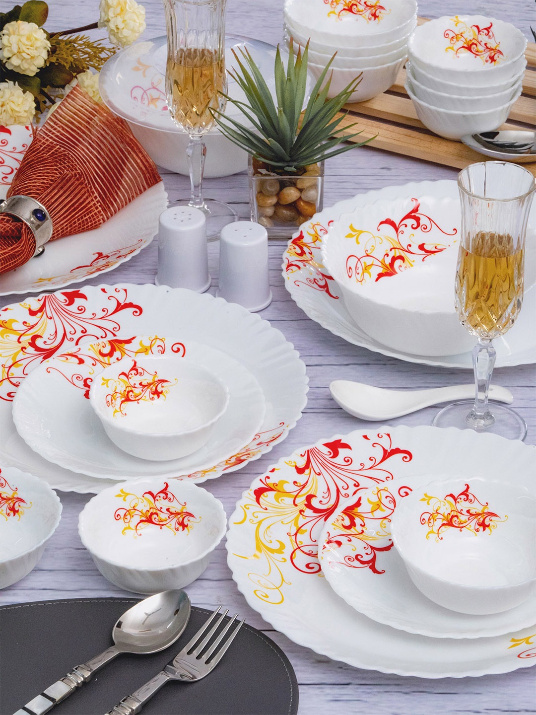 

Cello Dazzle Set of 31 Microwave and Dishwasher Safe Yellow Scroll Opalware Dinner Set, White