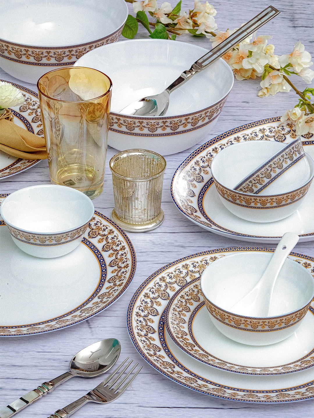 

Cello White & Brown 27 Pieces Floral Printed Opalware Glossy Dinner Set