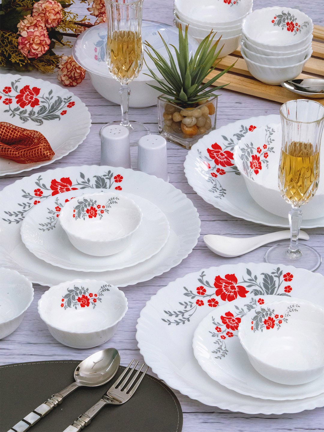 

Cello White & Red 31 Pieces Floral Printed Opalware Glossy Dinner Set