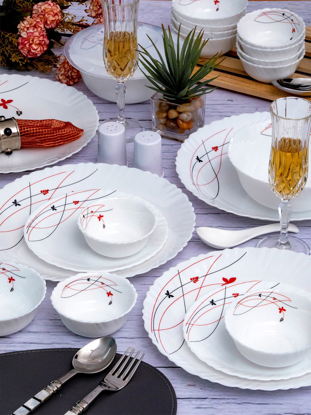 

Cello White & Red 31 Pieces Printed Opalware Glossy Dinner Set