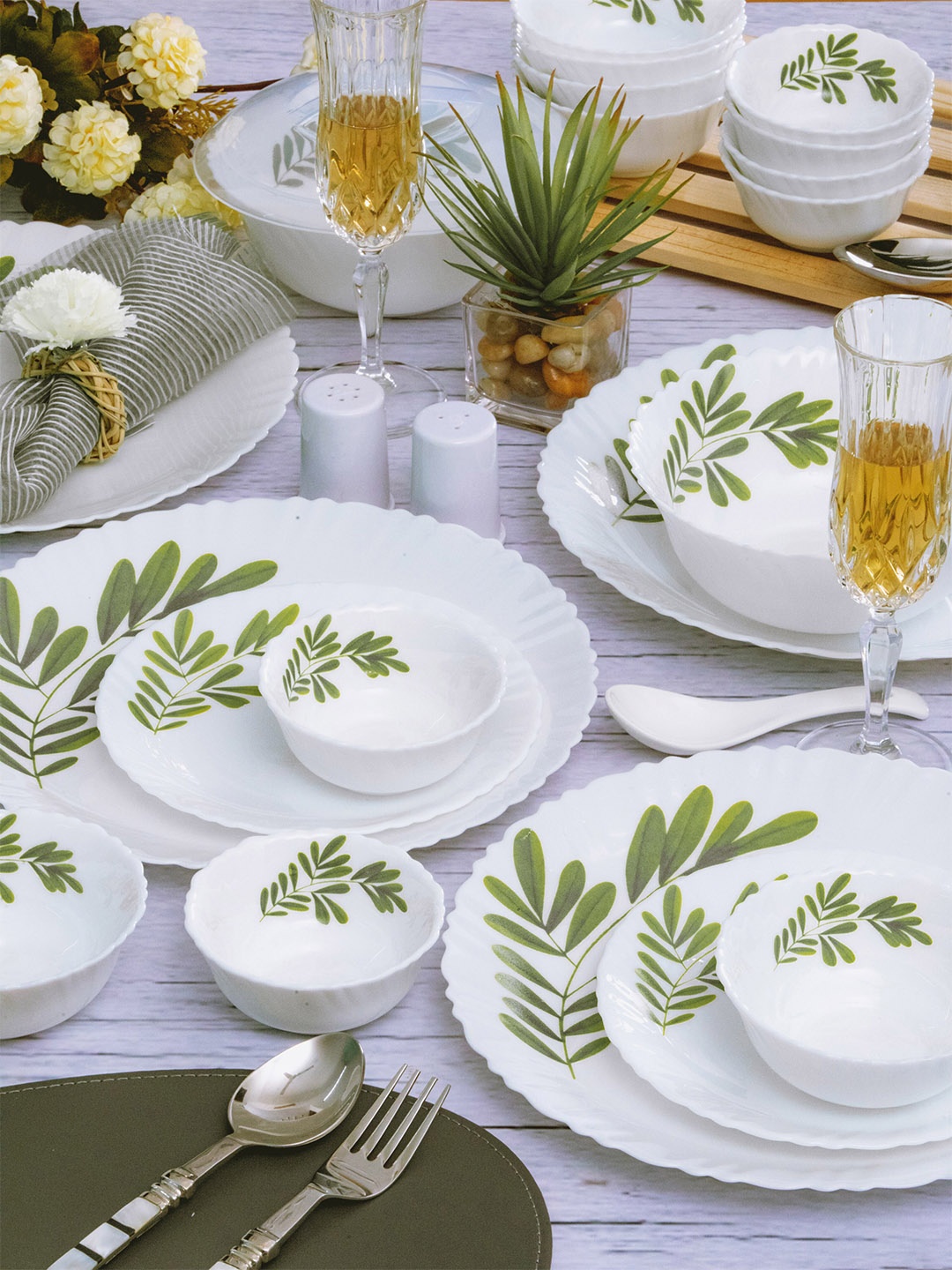 

Cello White & Green 31 Pieces Floral Printed Opalware Glossy Dinner Set