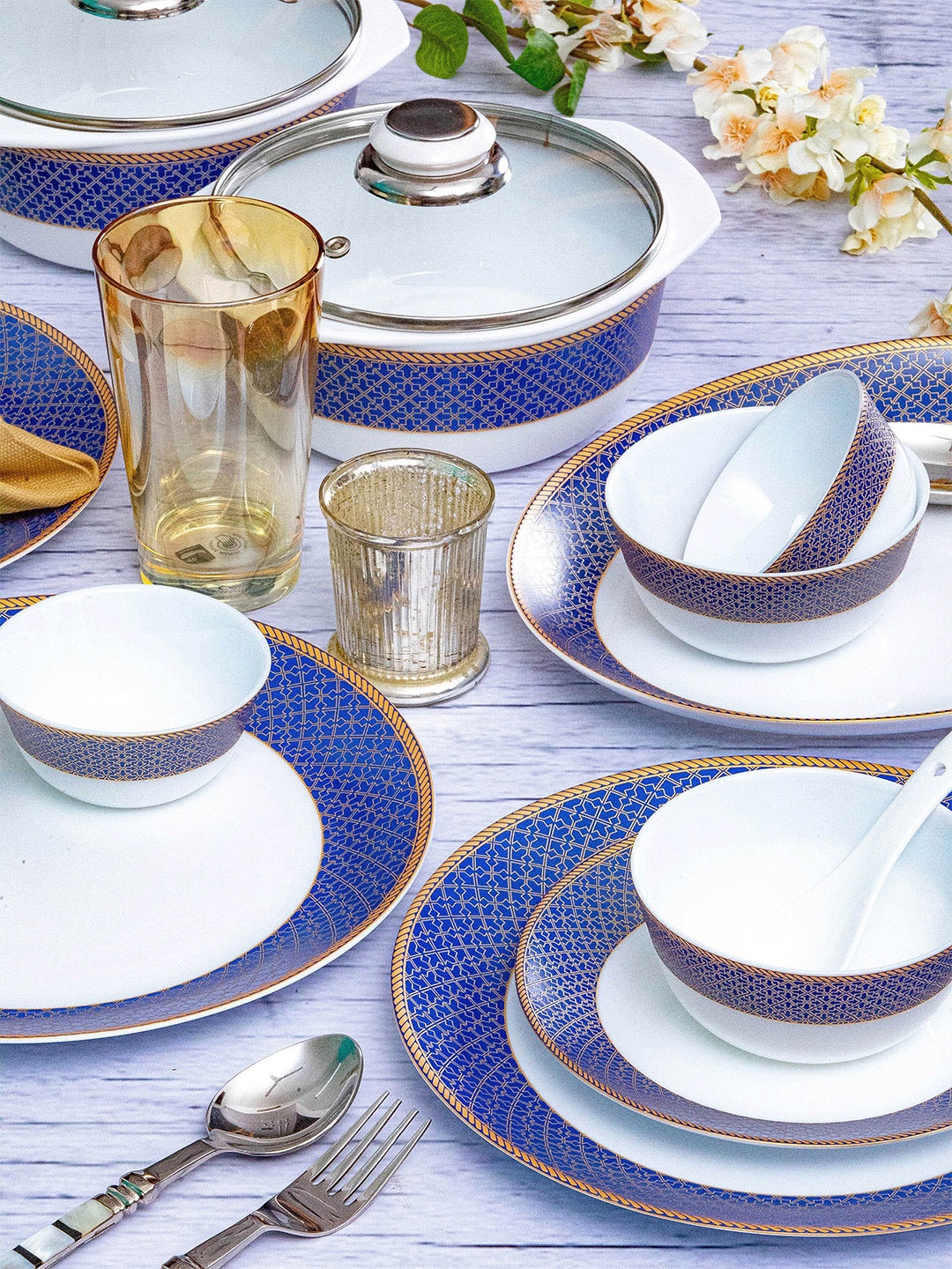 

Cello White & Blue 35 Pieces Ethnic Motifs Printed Opalware Glossy Dinner Set