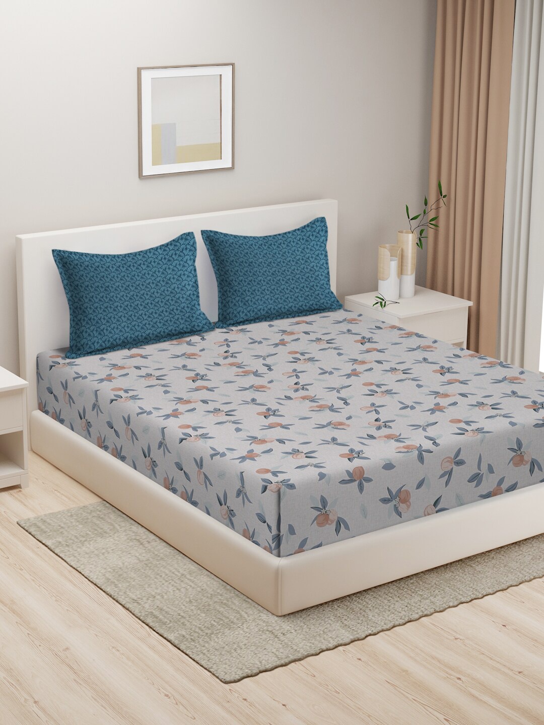 

HOSTA HOMES Grey & Blue Floral 280 TC King Pure Cotton Bedsheet with 2 Pillow Covers