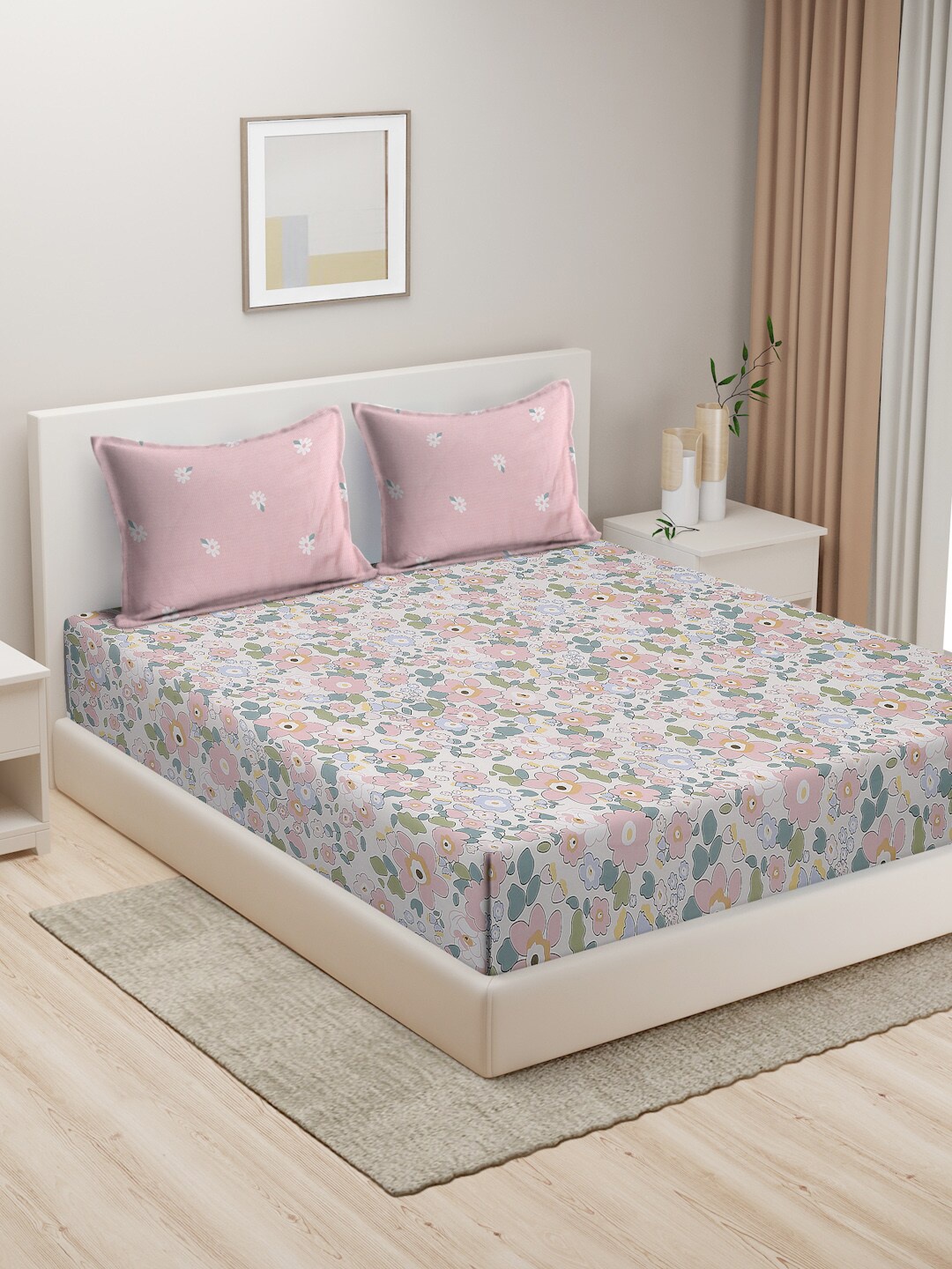 

HOSTA HOMES White & Pink Floral 280 TC King Pure Cotton Bedsheet with 2 Pillow Covers