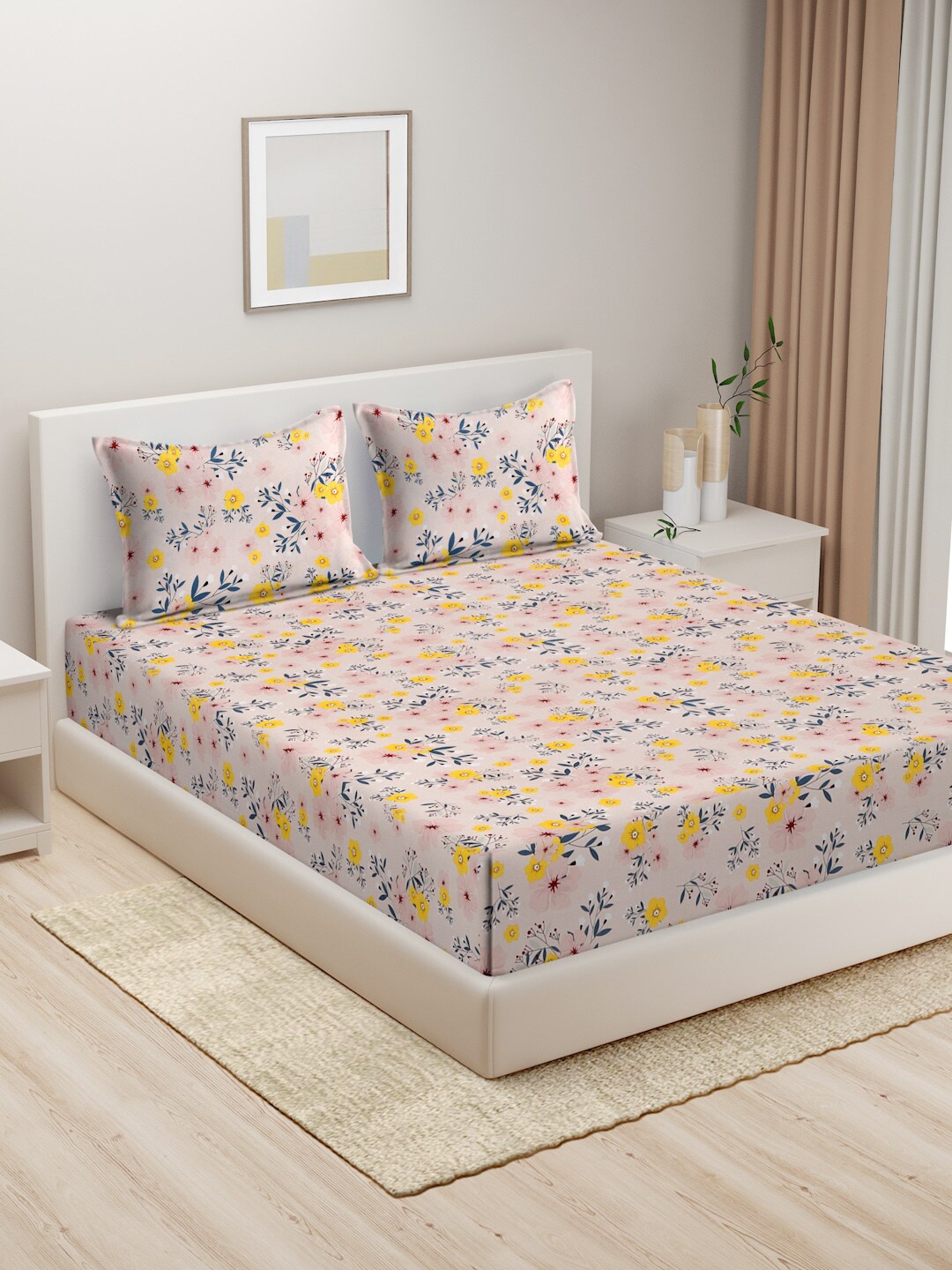 

HOSTA HOMES Peach & Blue Floral 280 TC King Bedsheet with 2 Pillow Covers