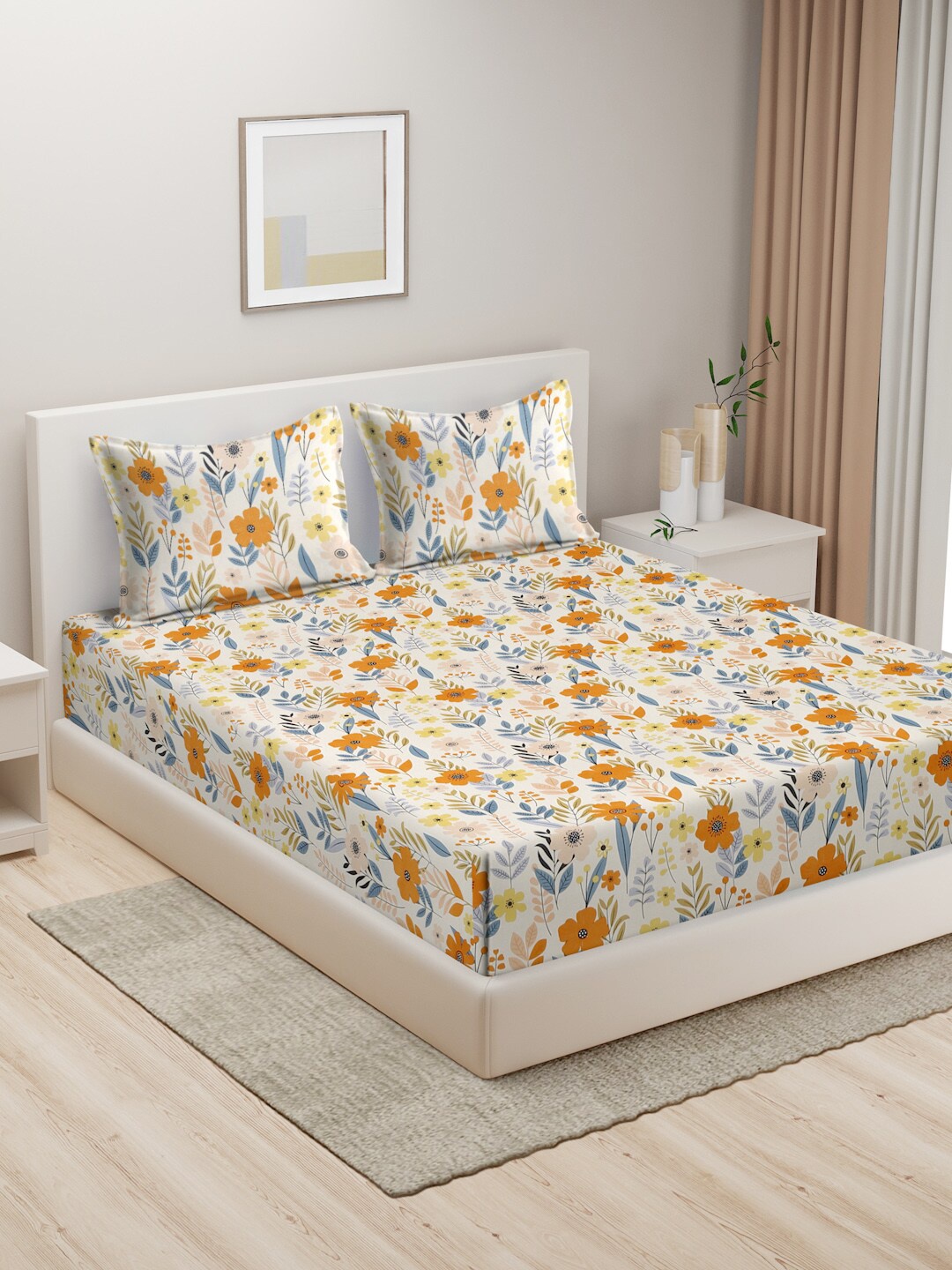 

HOSTA HOMES Beige & Blue Floral 280 TC King Pure Cotton Bedsheet with 2 Pillow Covers