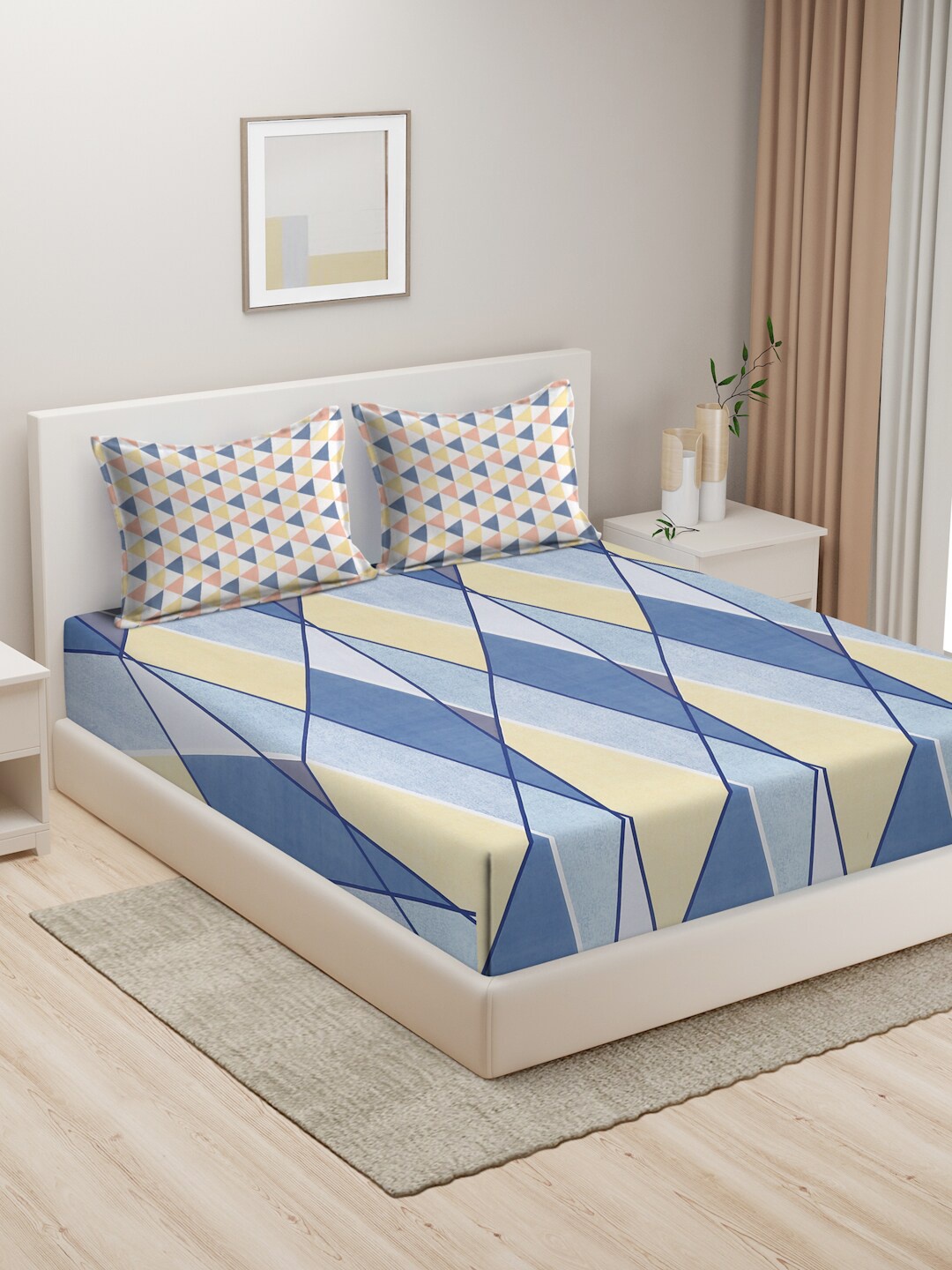 

HOSTA HOMES Blue & White 280 TC King Bedsheet with 2 Pillow Covers
