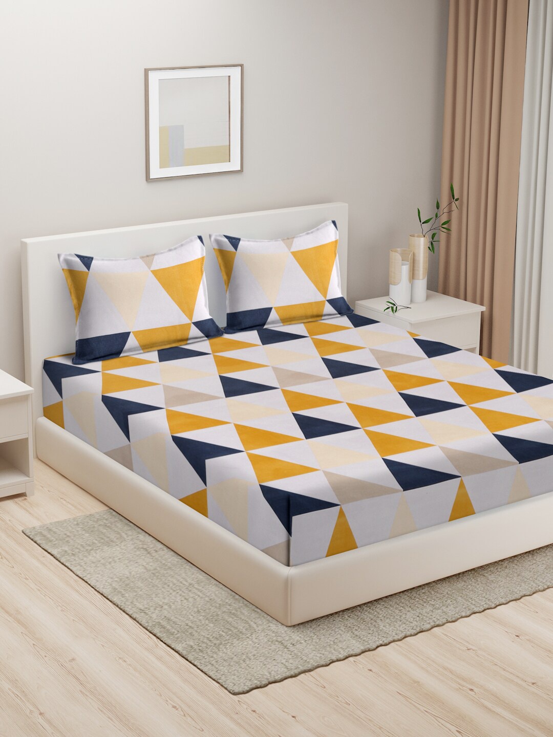 

HOSTA HOMES Blue & Orange Geometric 280 TC King Pure Cotton Bedsheet with 2 Pillow Covers