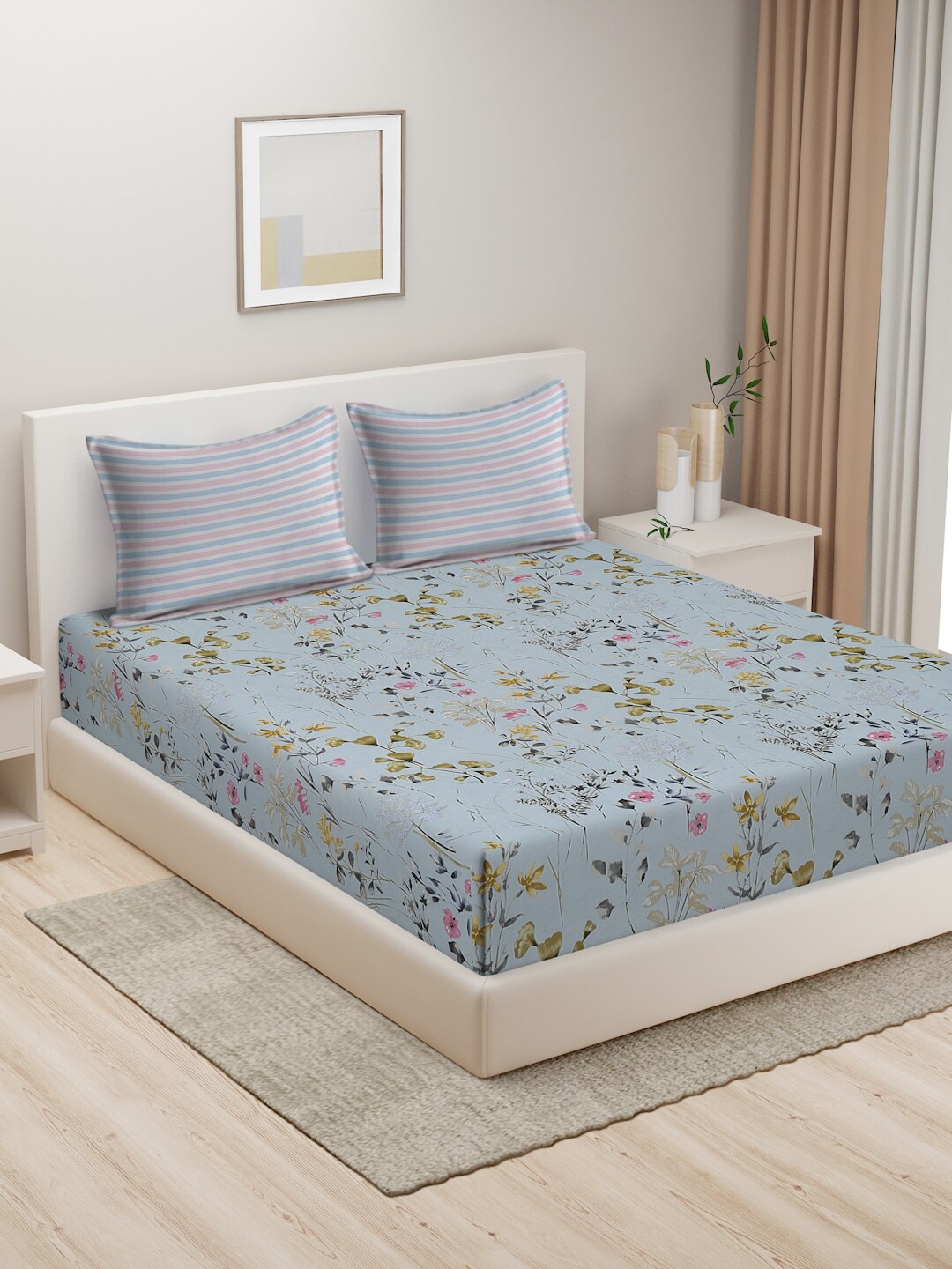 

HOSTA HOMES Blue & Pink Floral 280 TC King Pure Cotton Bedsheet with 2 Pillow Covers