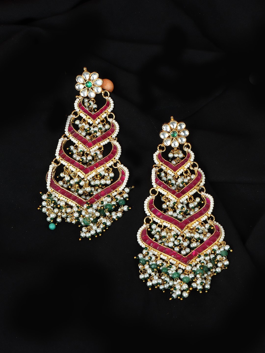

AURAA TRENDS 22KT Gold Plated Kundan Contemporary Chandbalis Earrings, Red