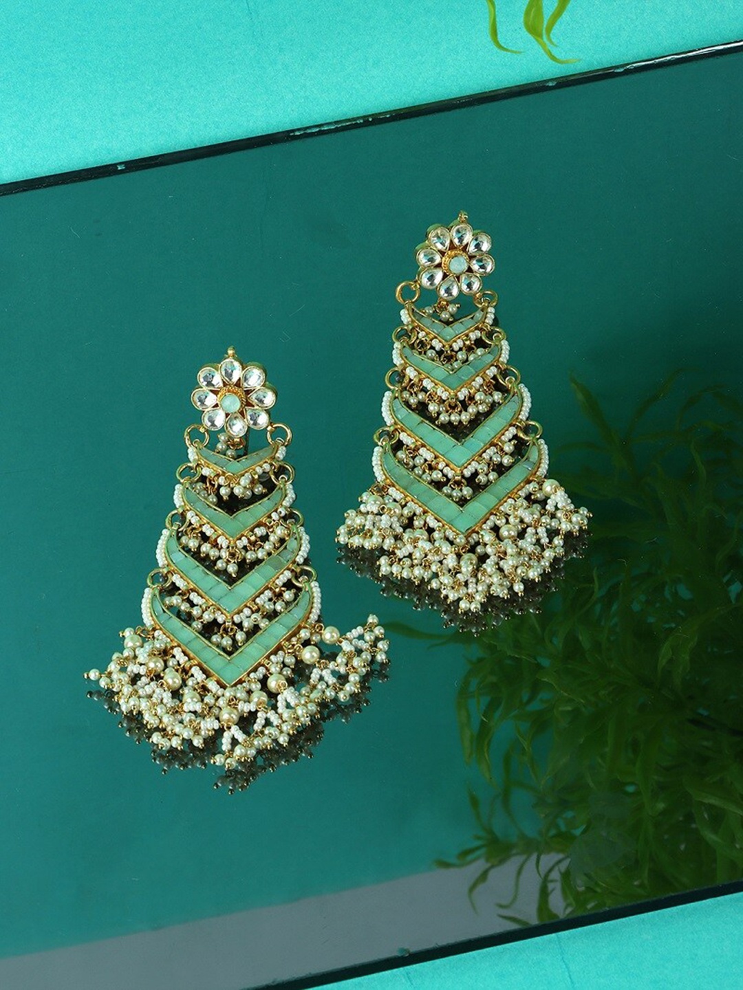 

AURAA TRENDS 22KT Gold Plated Kundan Contemporary Chandbalis Earrings, Green