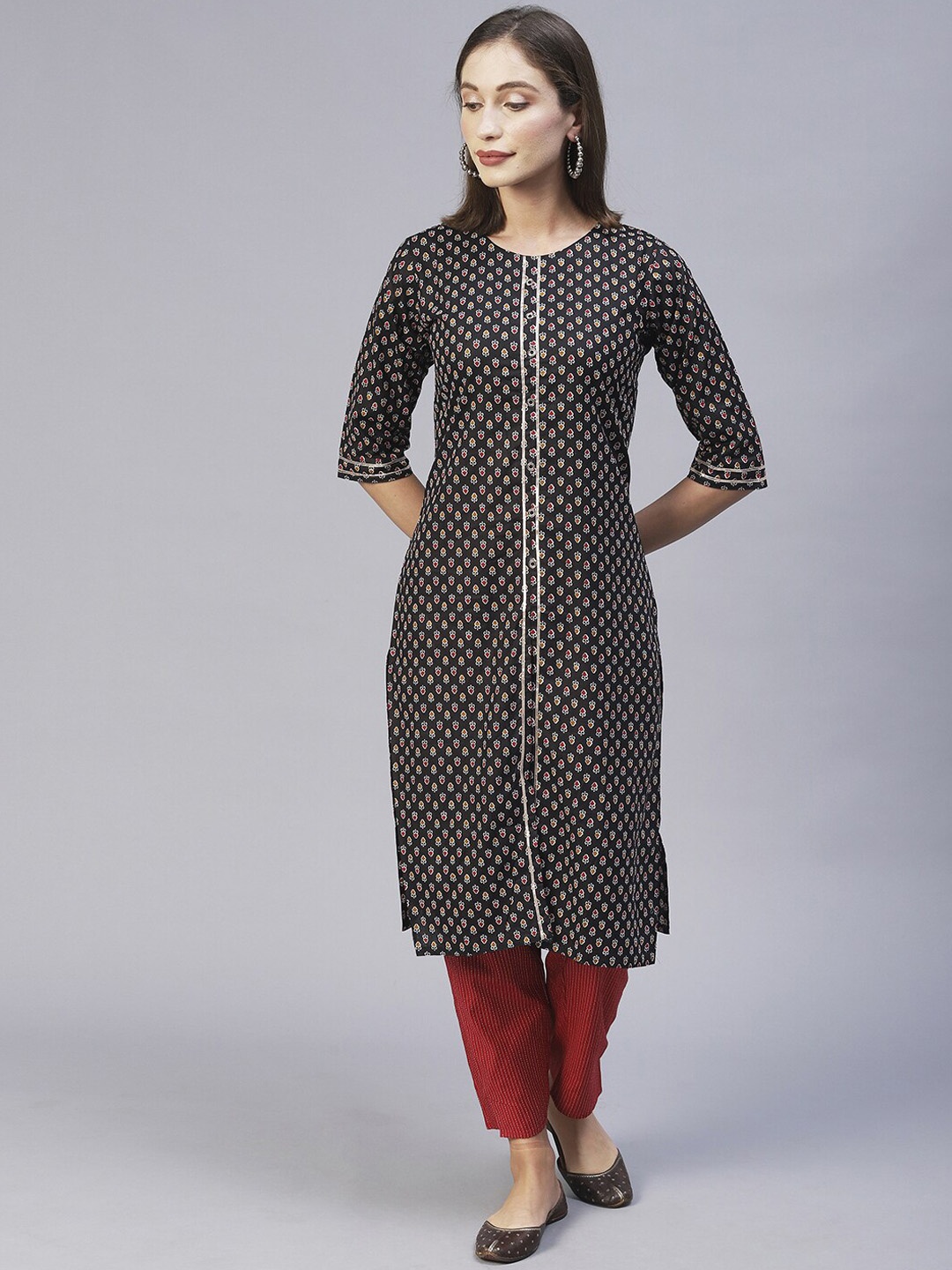 

POONAM DESIGNER Women Ethnic Motifs Printed Pure Cotton Kurta With Trousers, Black
