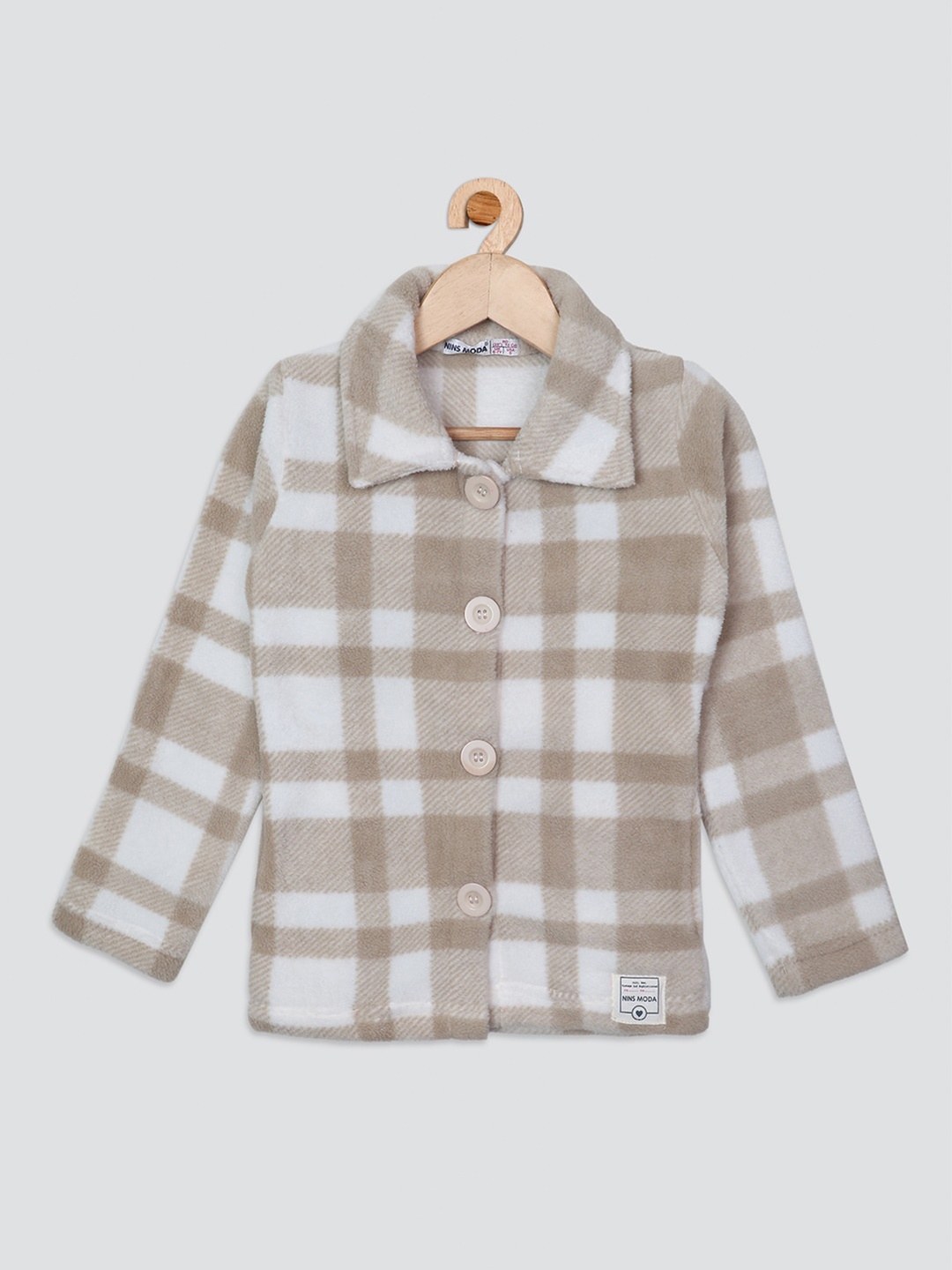 

Nins Moda Girls Checked Front-Open Fleece Sweatshirt, Beige