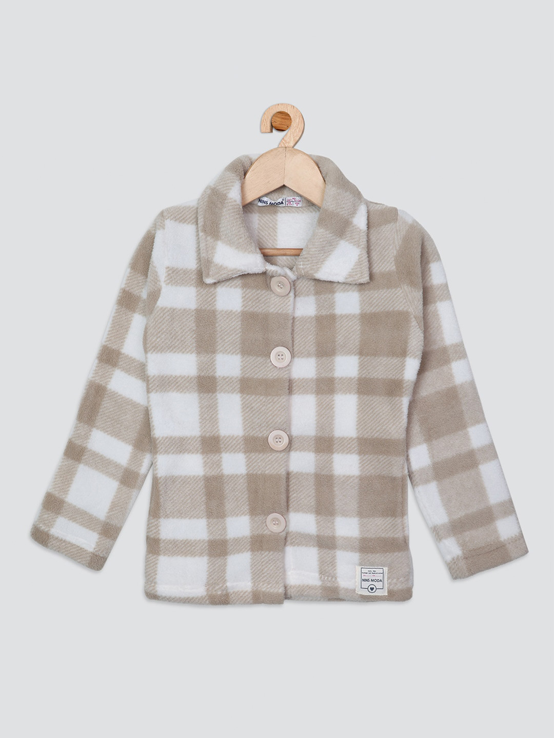 

Nins Moda Girls Checked Front-Open Fleece Sweatshirt, Beige