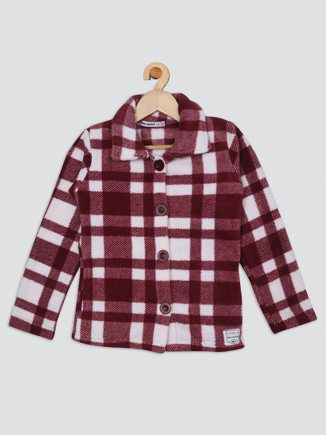 

Nins Moda Girls Checked Fleece Front-Open Sweatshirt, Maroon