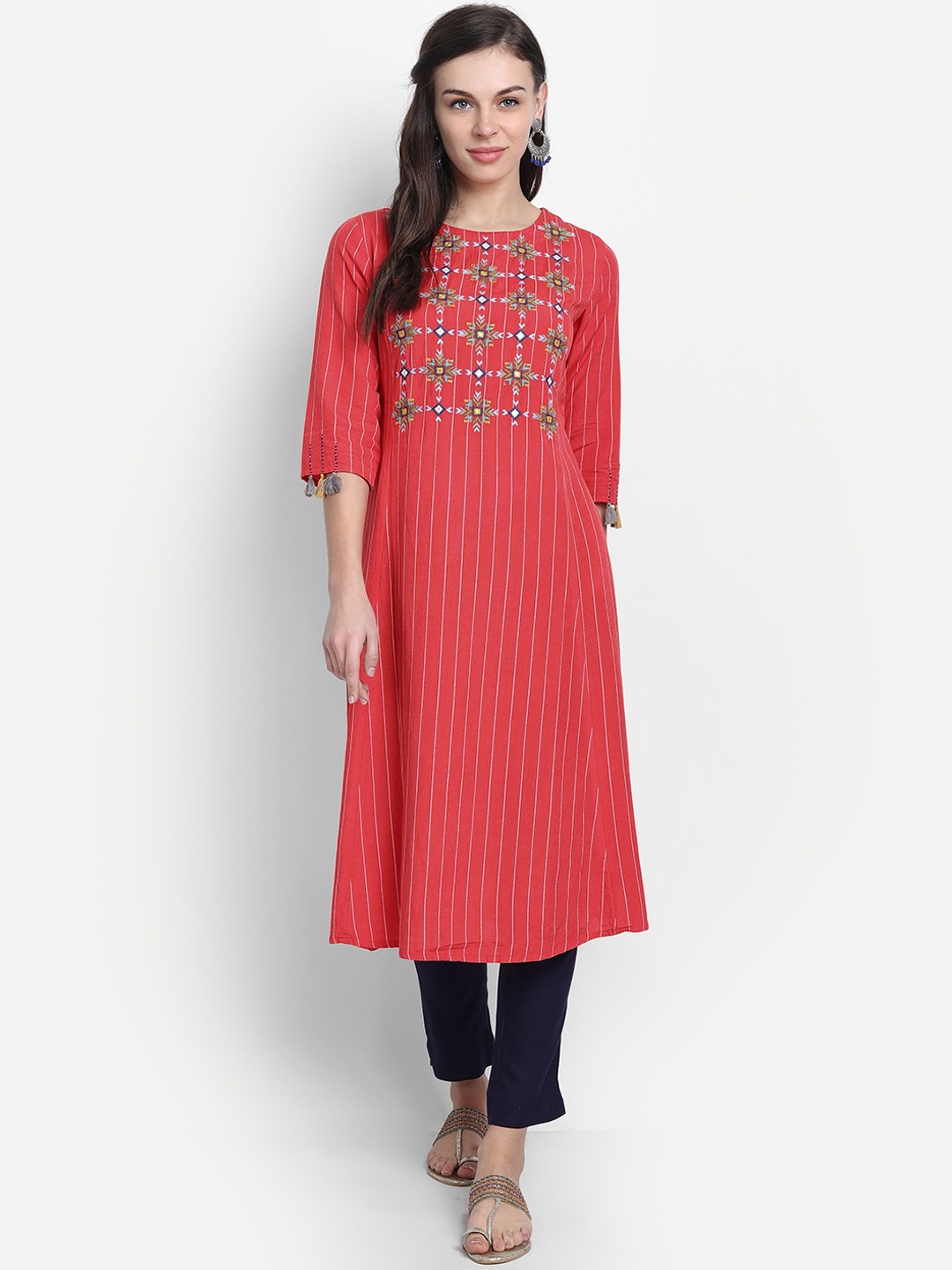 

fabGLOBAL Ethnic Motifs Yoke Design Straight Regular Kurta, Red