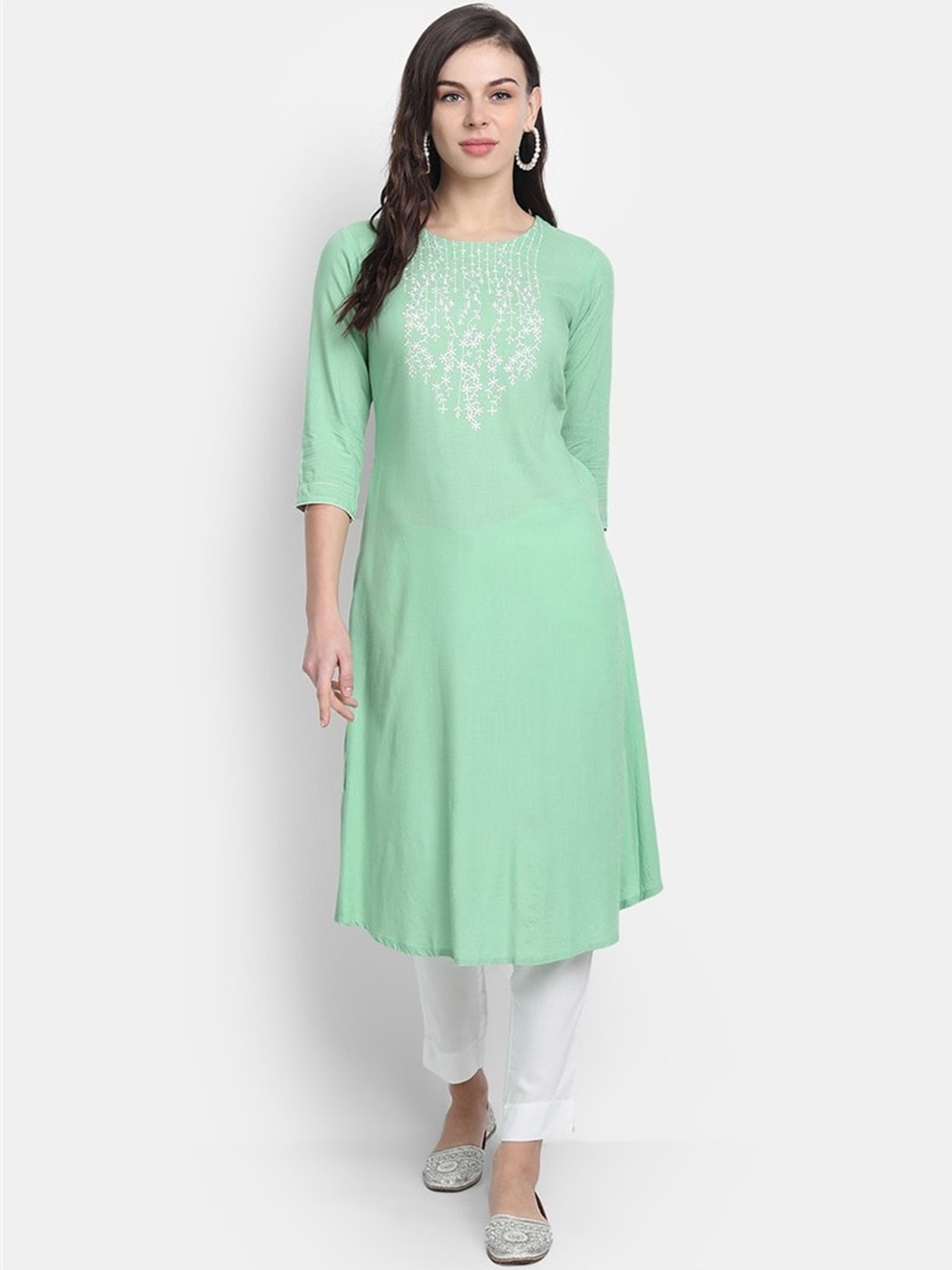 

fabGLOBAL Women Floral Yoke Design Thread Work A-Line Kurta, Green