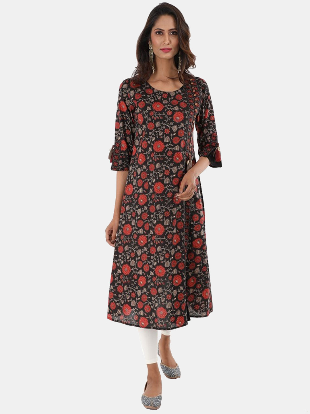 

fabGLOBAL Women Floral Printed Cotton Kurta, Black