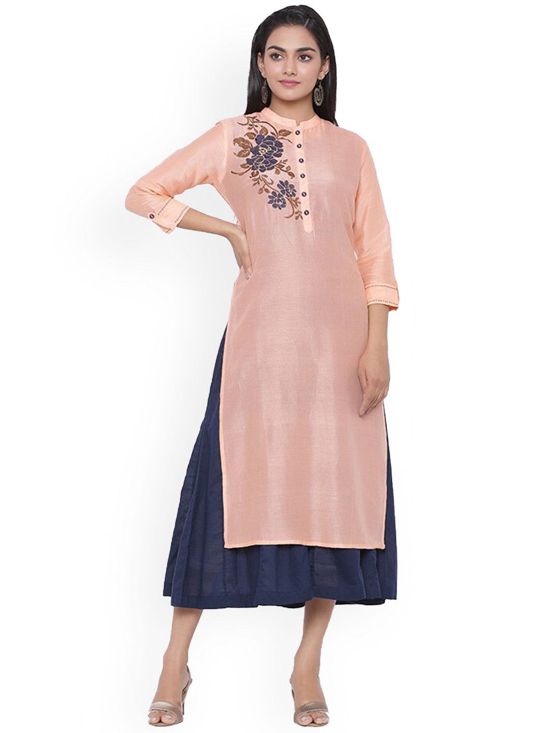 

fabGLOBAL Floral Embroidered Mandarin Collar A-Line Cotton Kurta, Peach