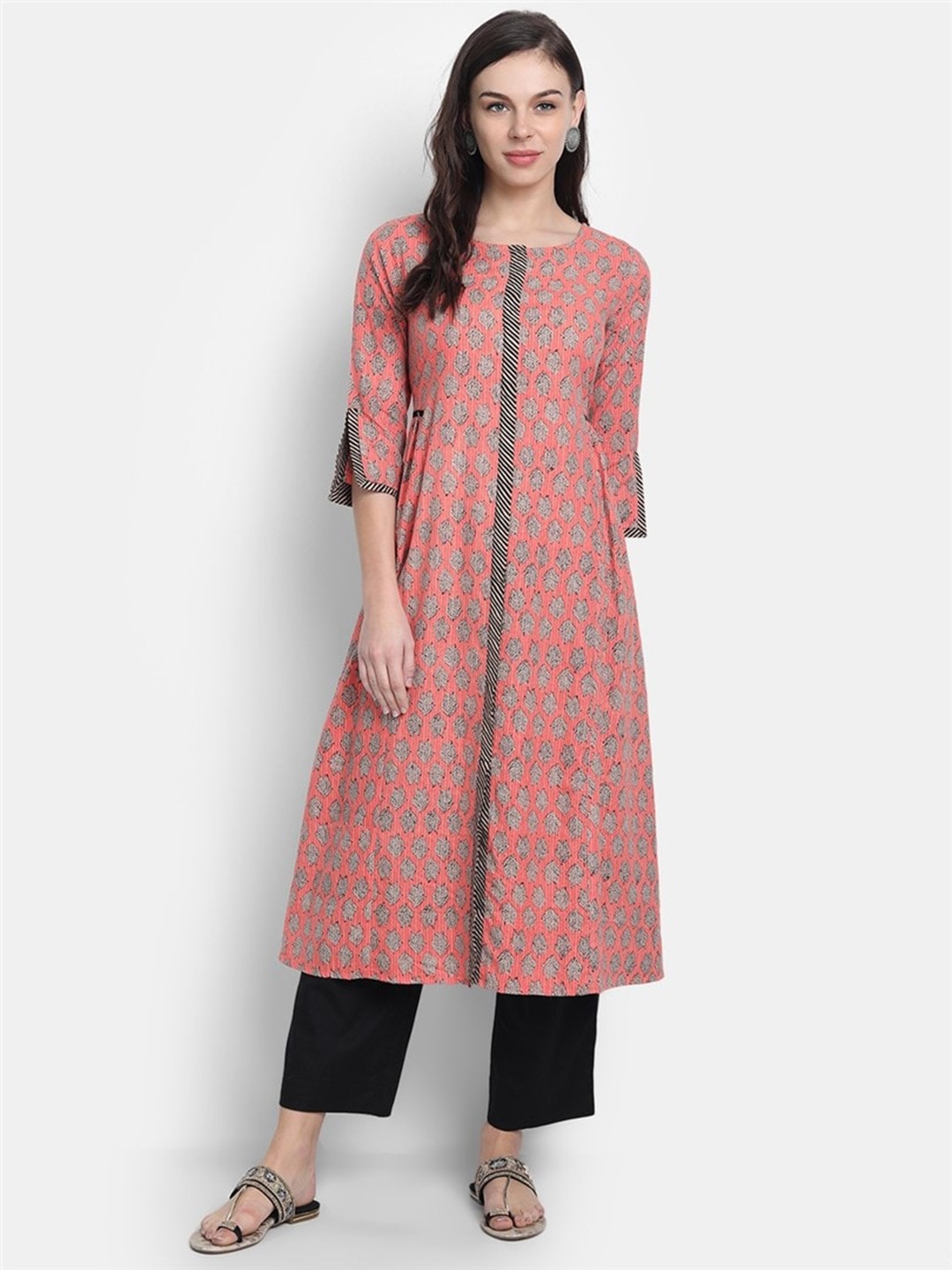 

fabGLOBAL Ethnic Motifs Printed Round Neck Cotton Kurta, Peach