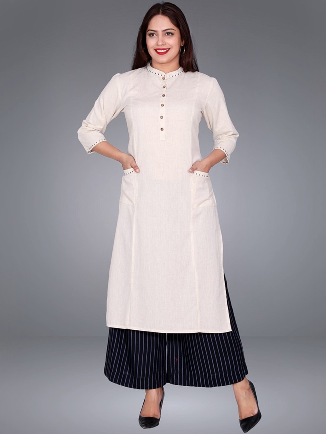 

fabGLOBAL Mandarin Collar A-Line Cotton Kurta, Off white