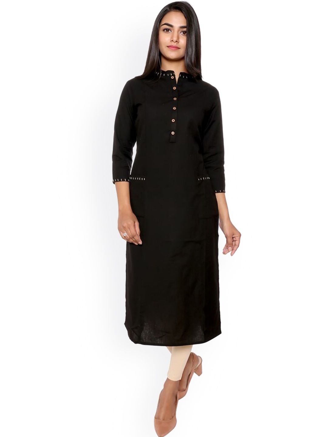 

fabGLOBAL Solid Mandarin Collar Cotton Kurta, Black