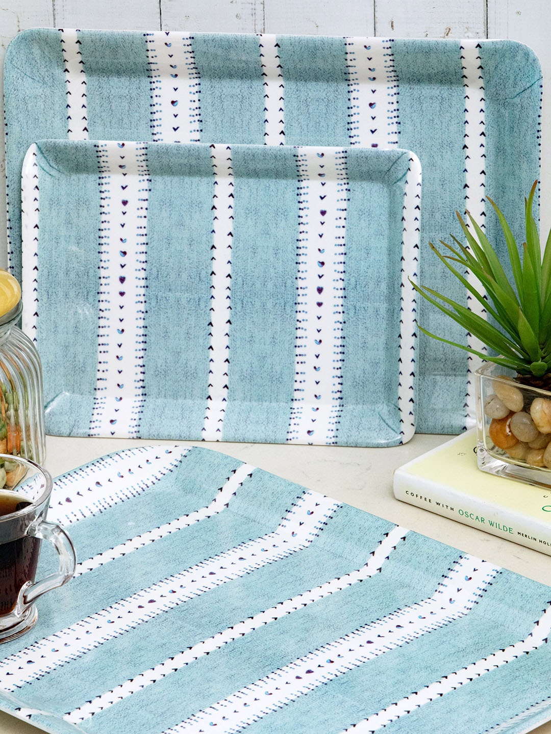 

GOODHOMES Set Of 3 Blue & White Printed Serving Trays