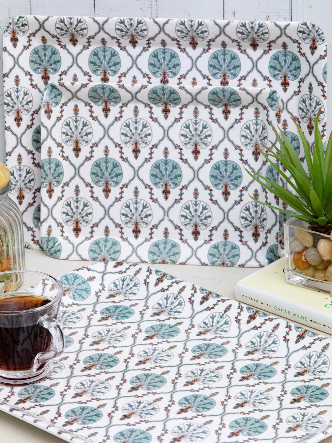 

GOODHOMES Set Of 3 White & Blue Printed Serving Trays