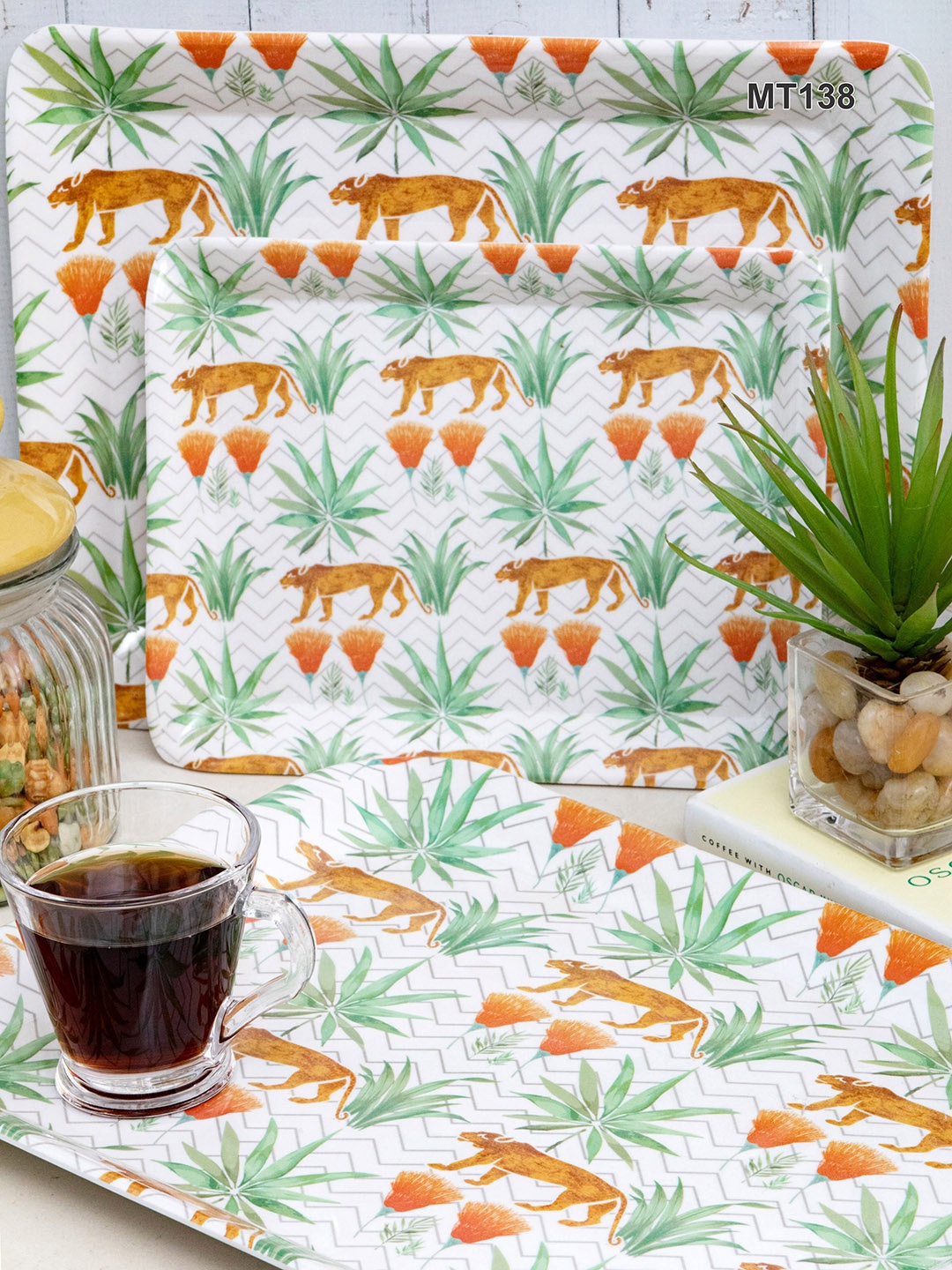 

GOODHOMES Set Of 3 Orange & White Printed Serving Trays