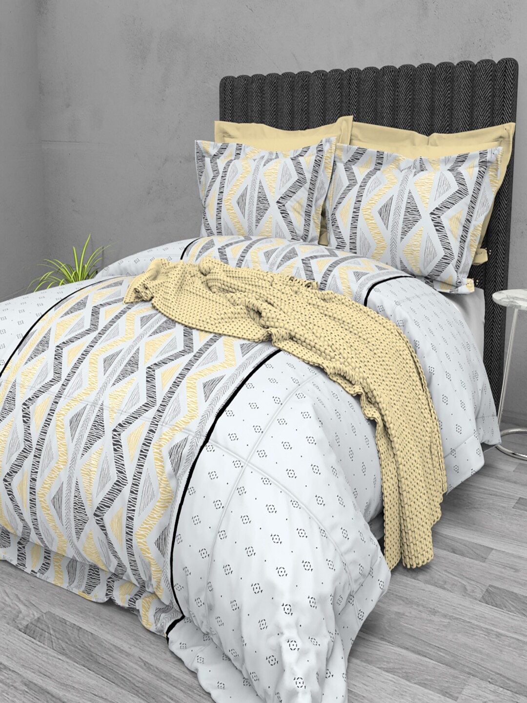

THE WHITE MOSS White & Melange Geometric 220 TC Cotton King Bedsheet & 2 Pillow Covers
