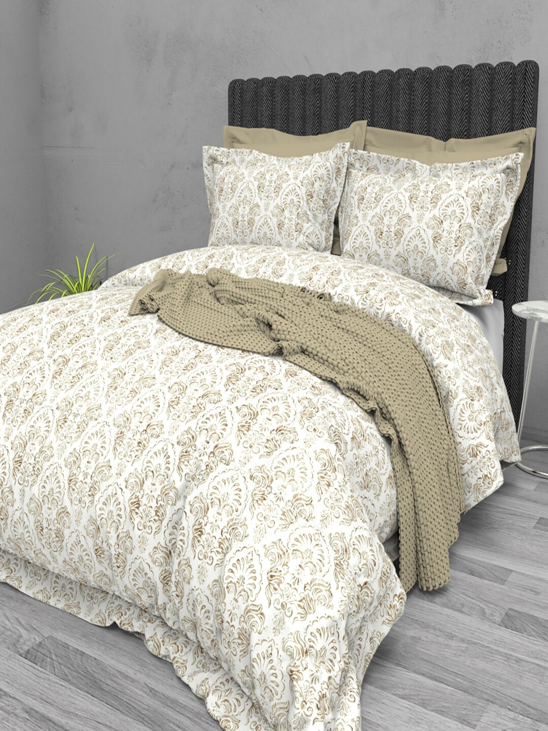 

THE WHITE MOSS Off White & Green Motifs 220 TC Cotton King Bedsheet with 2 Pillow Covers