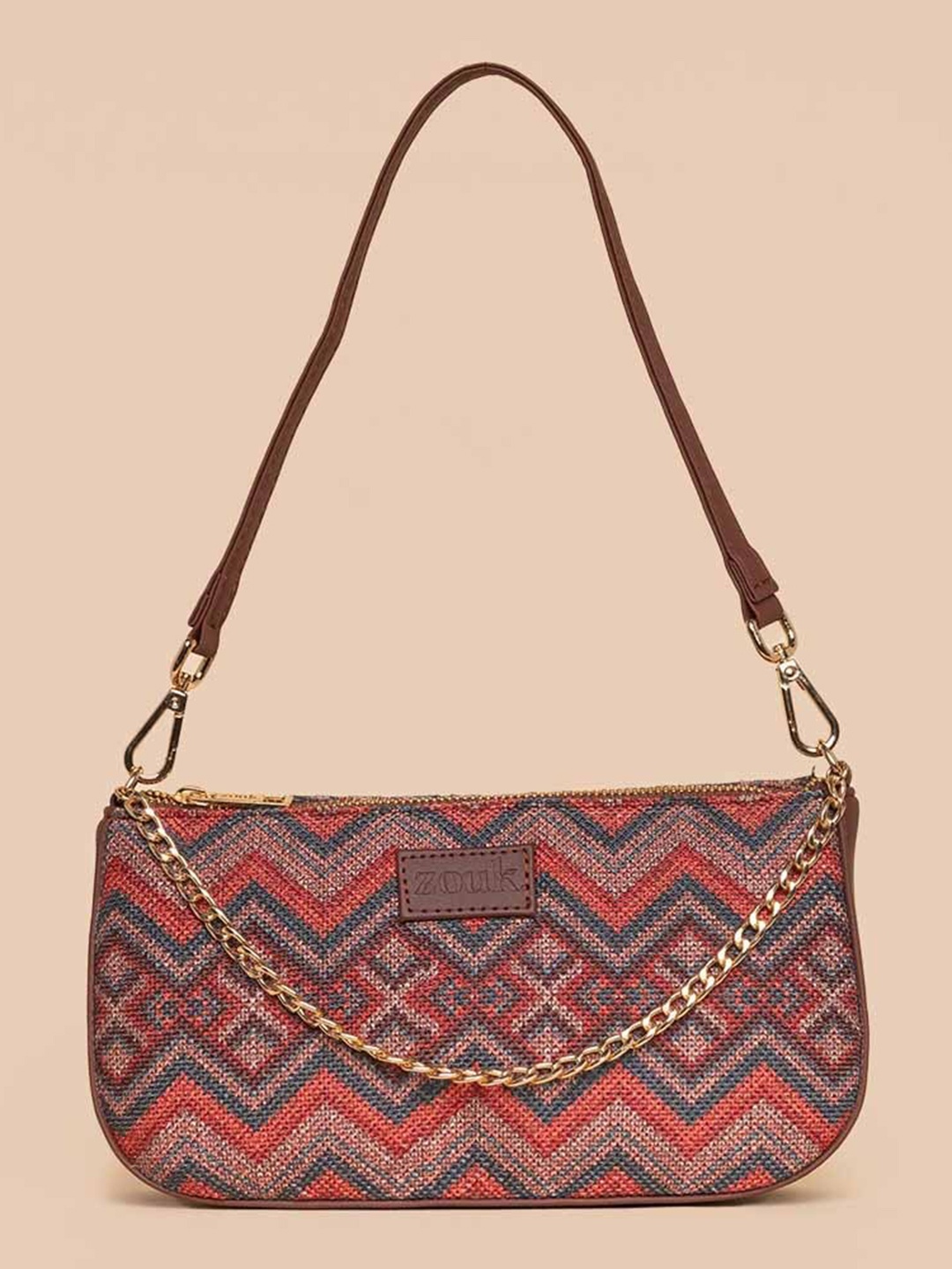 

ZOUK Geometric Printed Structured Baguette Bag Handbags, Red
