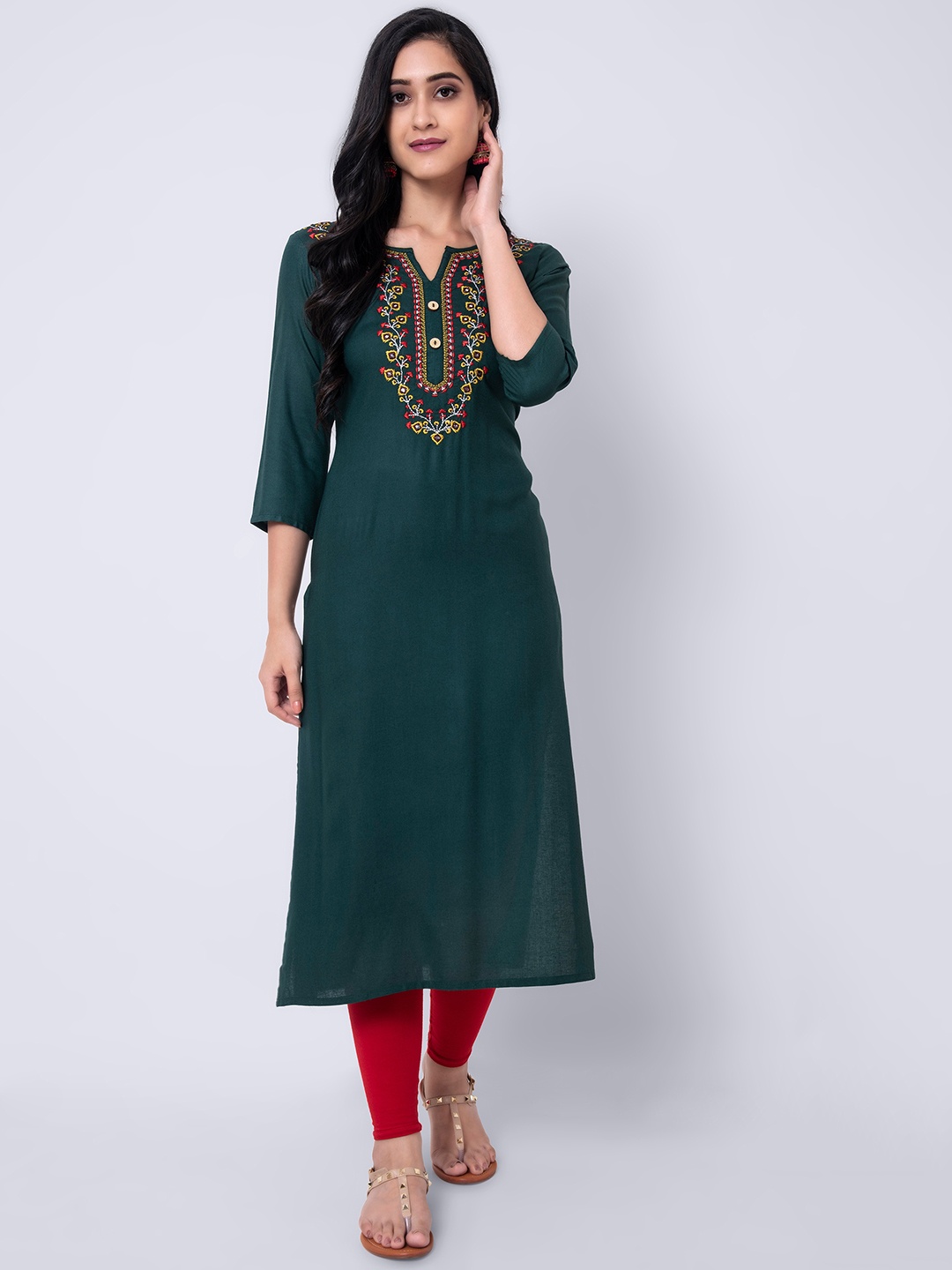 

GULMOHAR JAIPUR Floral Embroidered Thread Work Kurta, Green