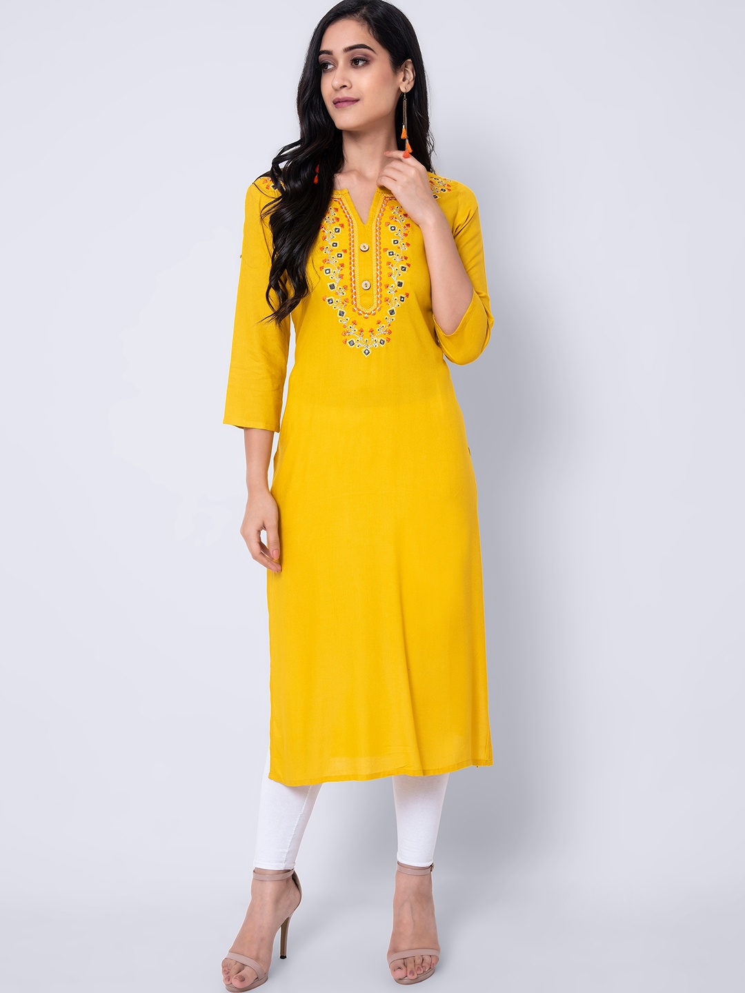 

GULMOHAR JAIPUR Floral Yoke Design Thread Work Kurta, Mustard