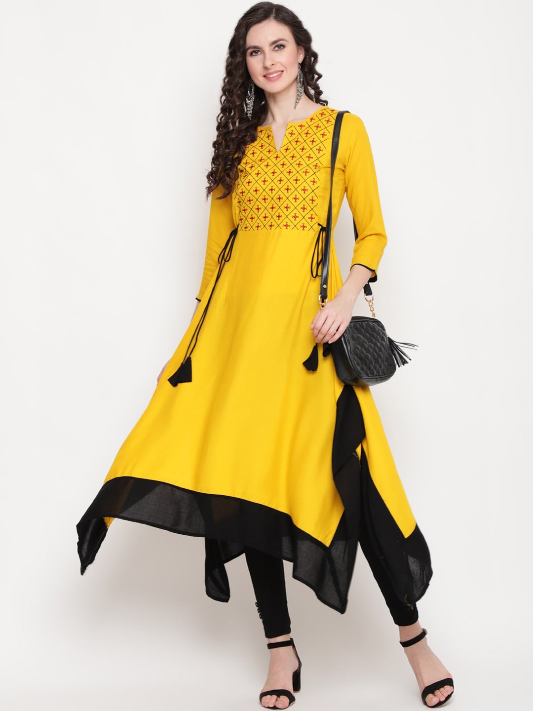 

GULMOHAR JAIPUR Geometric Embroidered Thread Work Anarkali V-Neck Kurta, Mustard