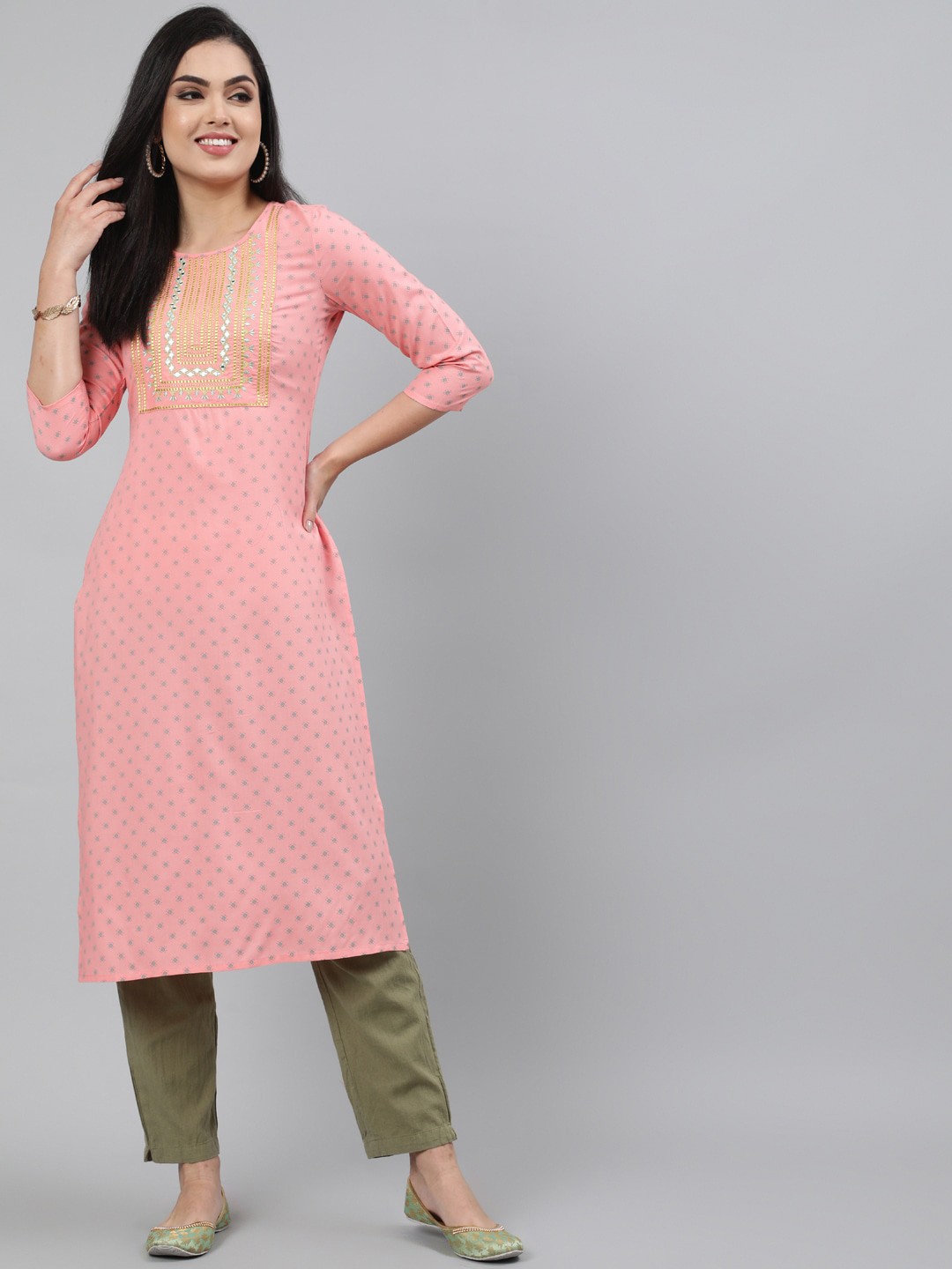 

GULMOHAR JAIPUR Women Ethnic Motifs Yoke Design Thread Work Kurta, Peach