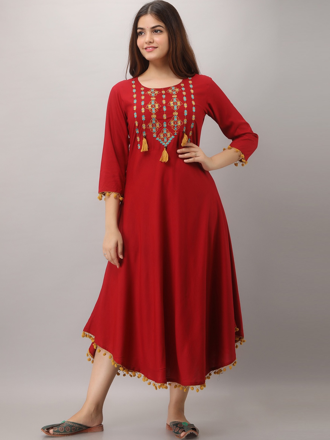 

GULMOHAR JAIPUR Embroidered A-Line Dress, Maroon