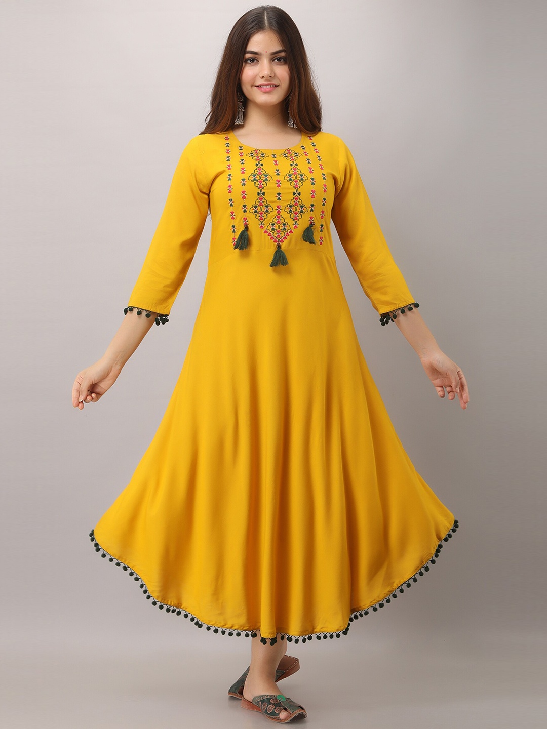 

GULMOHAR JAIPUR Embroidered A-Line Dress, Mustard