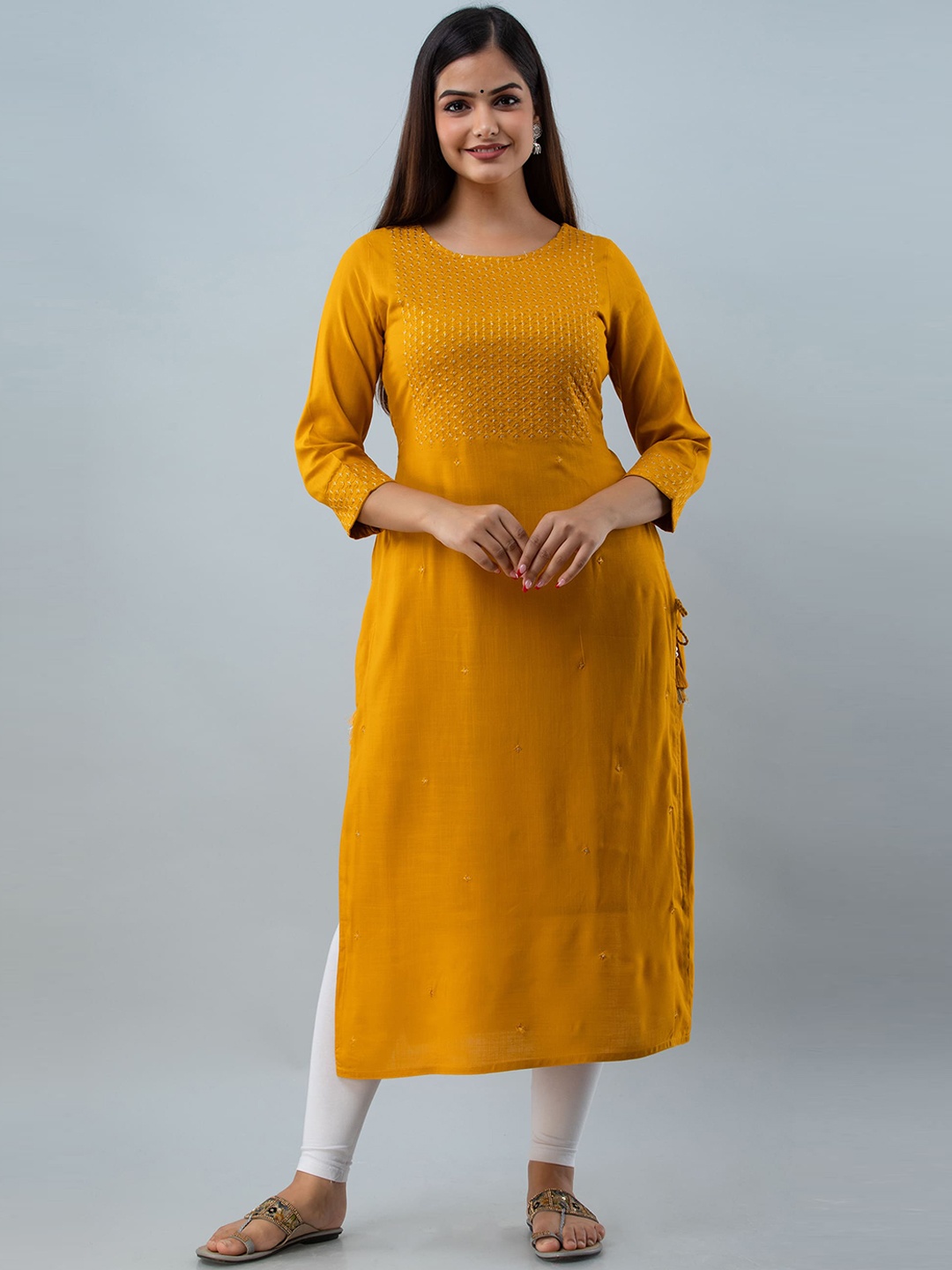 

GULMOHAR JAIPUR Women Solid Thread Work Kurta, Mustard