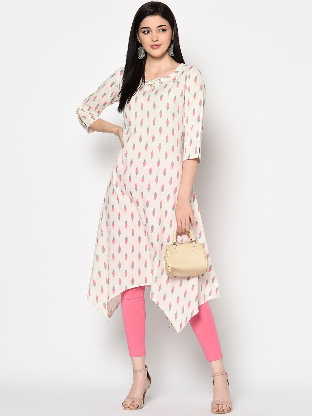 

GULMOHAR JAIPUR Geometric Printed Keyhole Neck Cotton Kurta, Off white